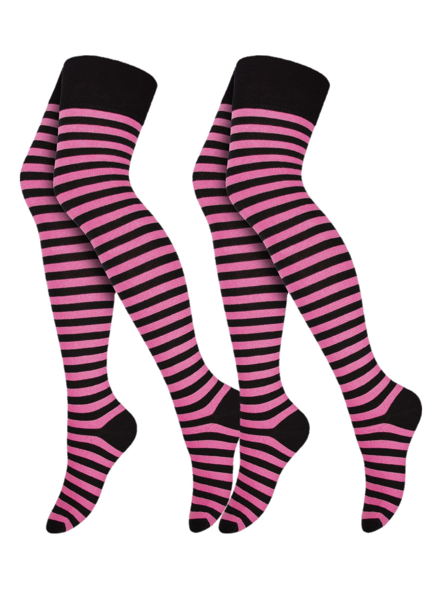 Black Snake Overknees Lange Ringelsocken für Damen mit Baumwolle zu Kostüm Rock und Stiefeln (Socken-Set, 2-Paar, Schwarz/Pink OneSize) Halloween Socken bis übers Knie mit Strickbund für Karneval und Winter