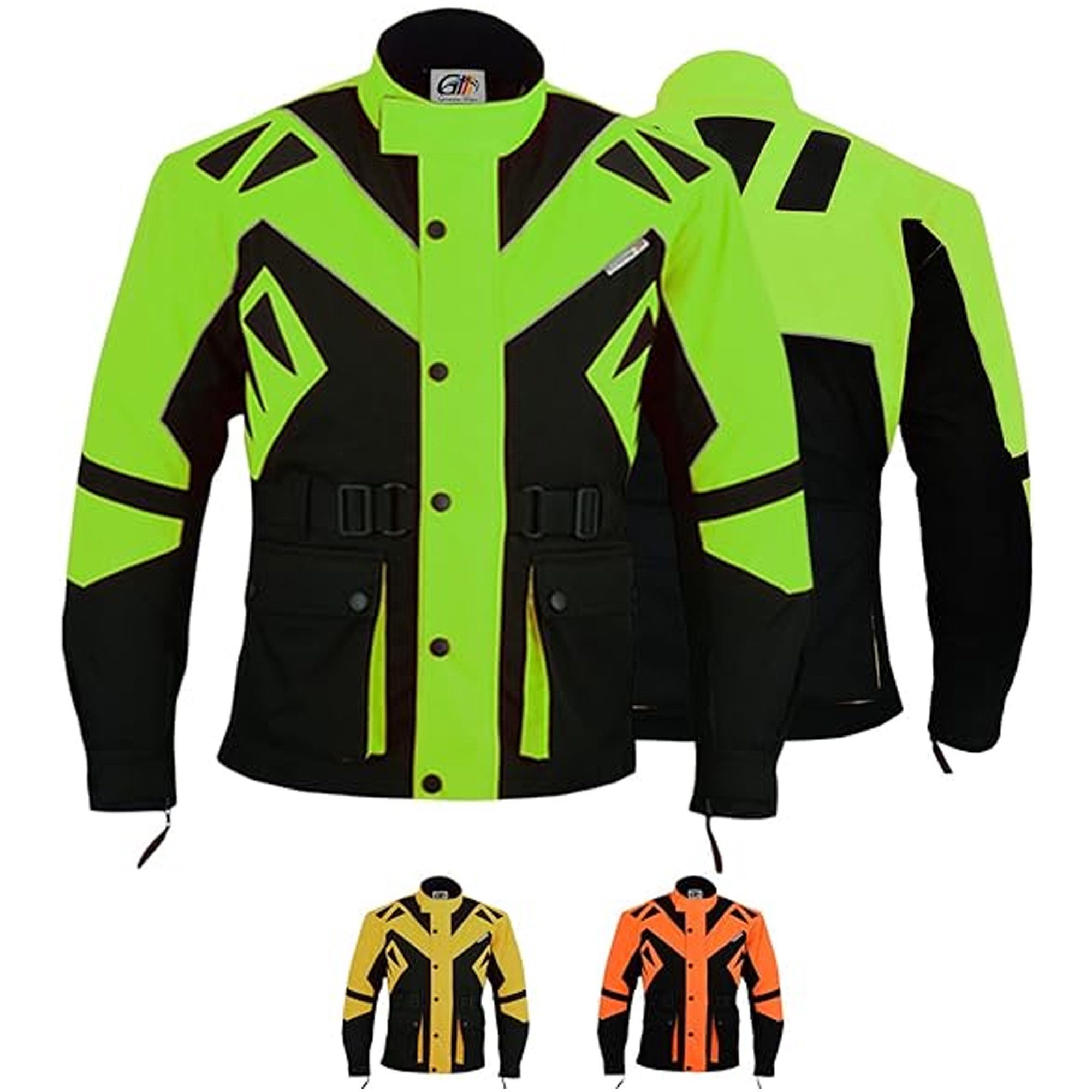 German Wear Motorradjacke GW300J (mit Abnehmbar & Washbar Thermofutter & Protektoren) lange Jacke aus 4 Schichten Wasserabweisend Reflektierend Neonfarben