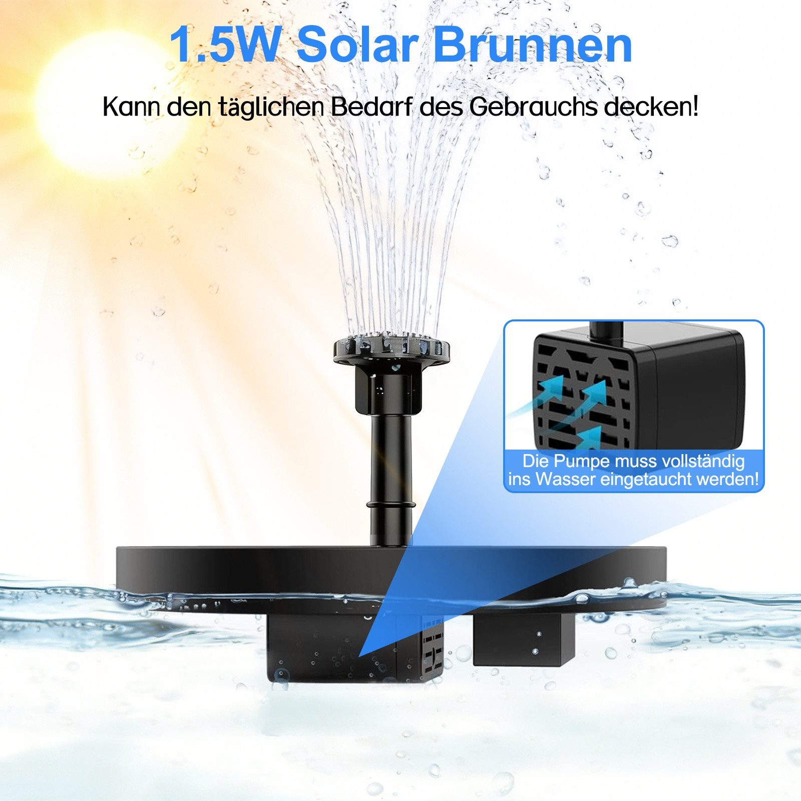 Heyork Gartenbrunnen 1,5W Solar Springbrunnen Teichpumpe mit 6 Fontänenstile für Vogel-Bad, 1,5 Watt 200L/H Solarpanel 160mm Garten Wasserspiel