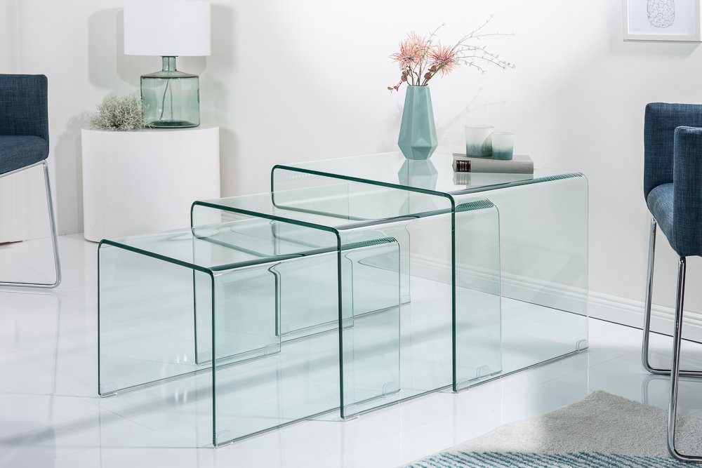 (Set, Wohnzimmer · riess-ambiente · FANTOME Glas Design 3-St), transparent eckig Couchtisch · Modern 60cm