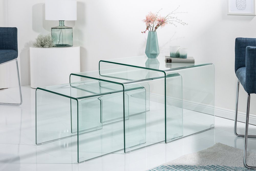 transparent Wohnzimmer · · Glas Couchtisch (Set, · eckig 60cm Design riess-ambiente Modern FANTOME 3-St),