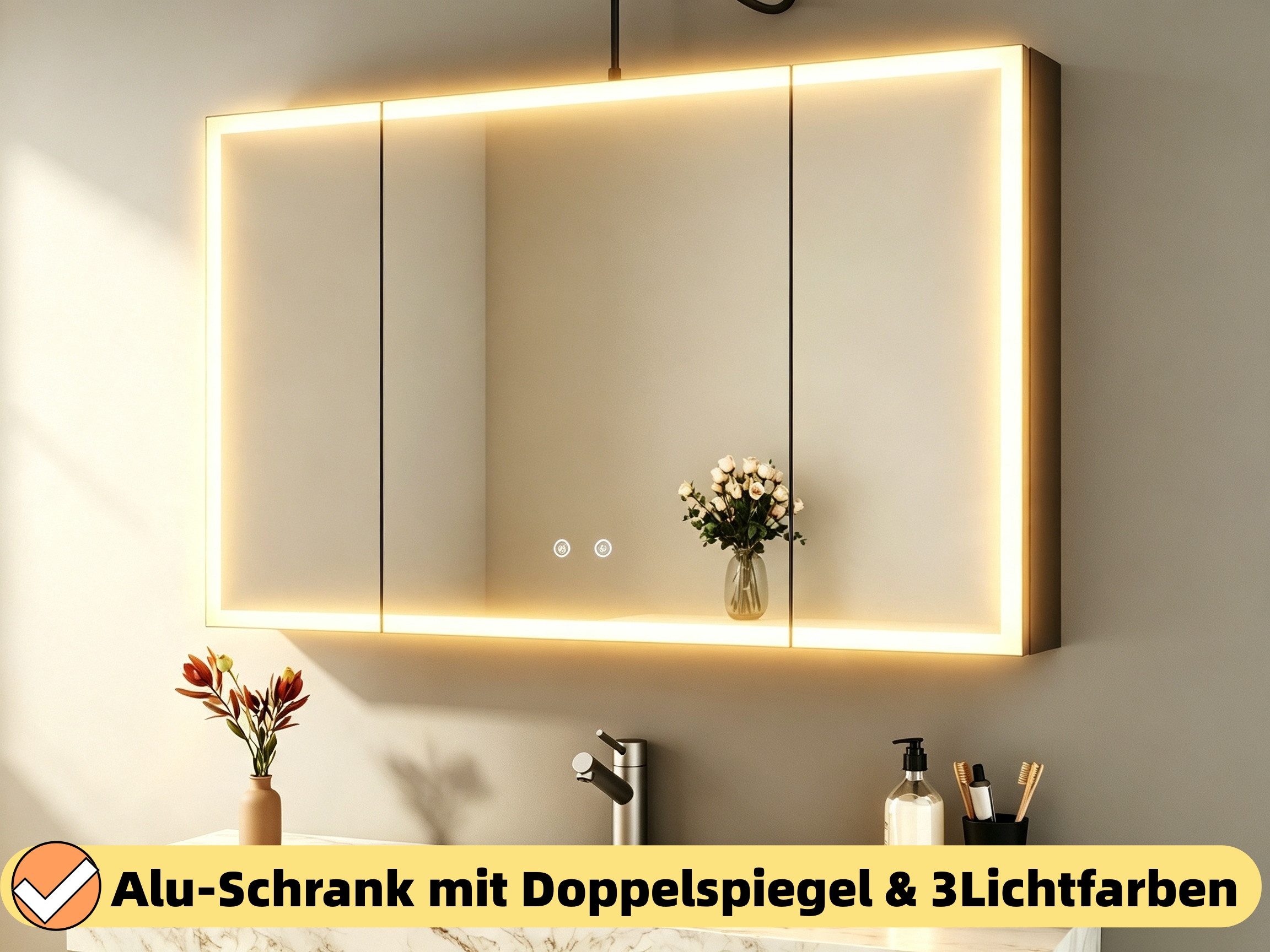 WDWRITTI Badezimmerspiegelschrank mit LED Spiegelschrank Bad mit Beleuchtung 120x60cm 100cmx60cm 3türig (90x60cm Alu-Schranktür, Stahl Schrank-Korpus, Doppel Spiegel, Kalt/Neutral/Warmweiß, Dimmbar, Anti-Fog, Speicherfunktion) vormontiert geliefert, Wandmontage, Eingebautemontage, mit Netzadapter