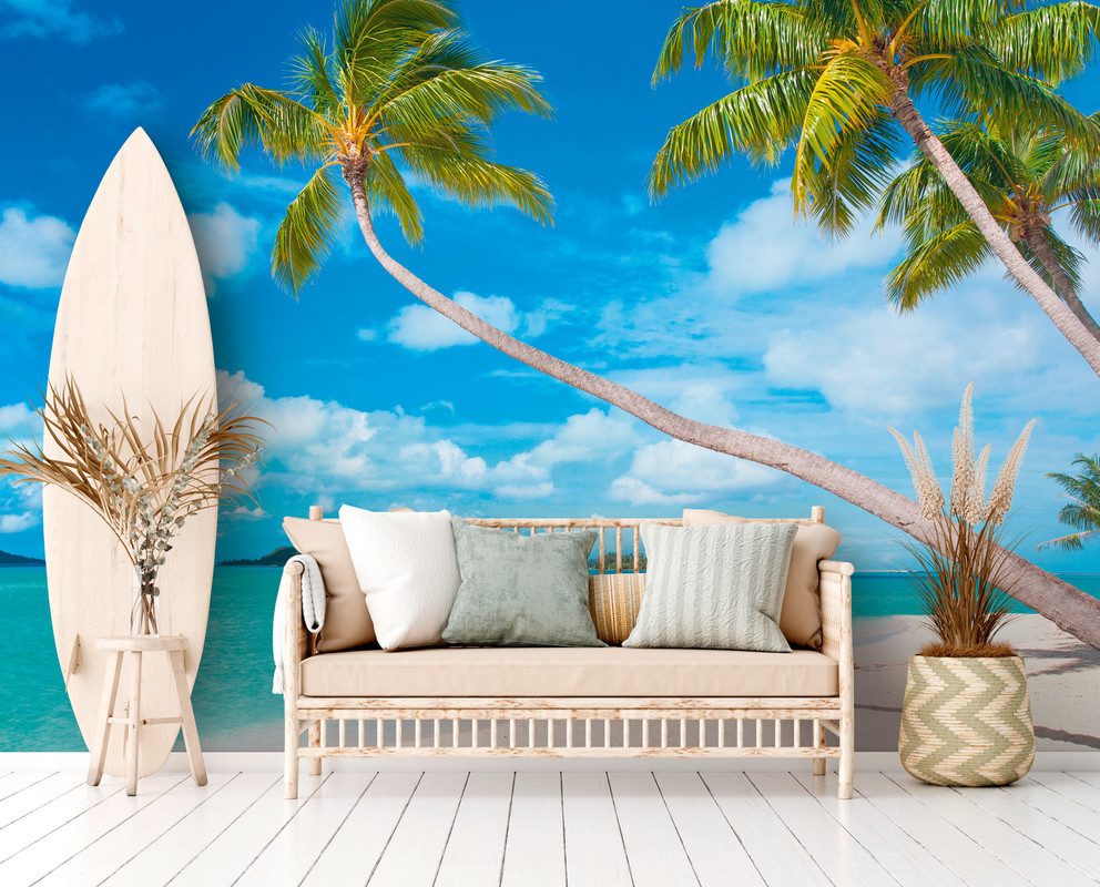 A.S. Création Vliestapete Strand-Tapete mit Palmen Blau Türkis Fototapete, glatt, matt, (1 St)
