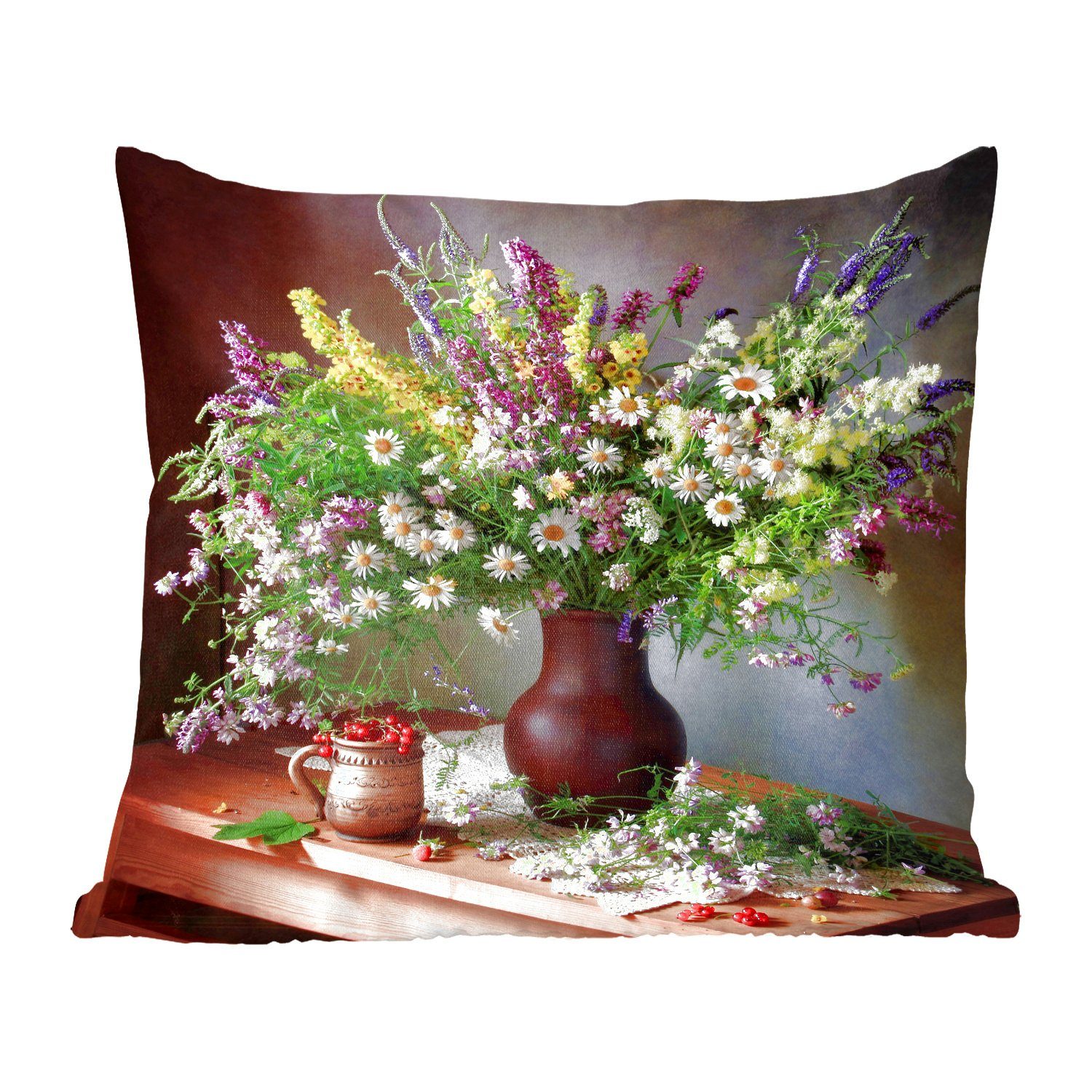 MuchoWow Dekokissen Blumen - Tisch - Stilleben - Blumenstrauß - Vase, Zierkissen mit Füllung für Wohzimmer, Schlafzimmer, Deko, Sofakissen
