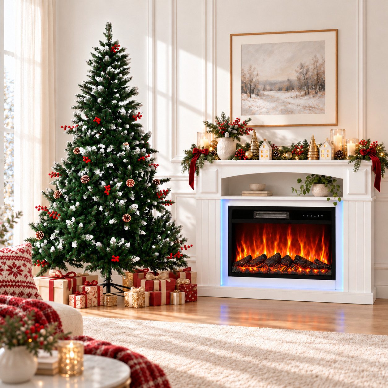 HOMAVO Elektrokamin mit Schrank, 23", 1000/2000W Heizung, 3D-Flammeneffekt, Schrankgröße: 100 × 26 × 87 cm, wahlweise mit Weihnachtsbaum
