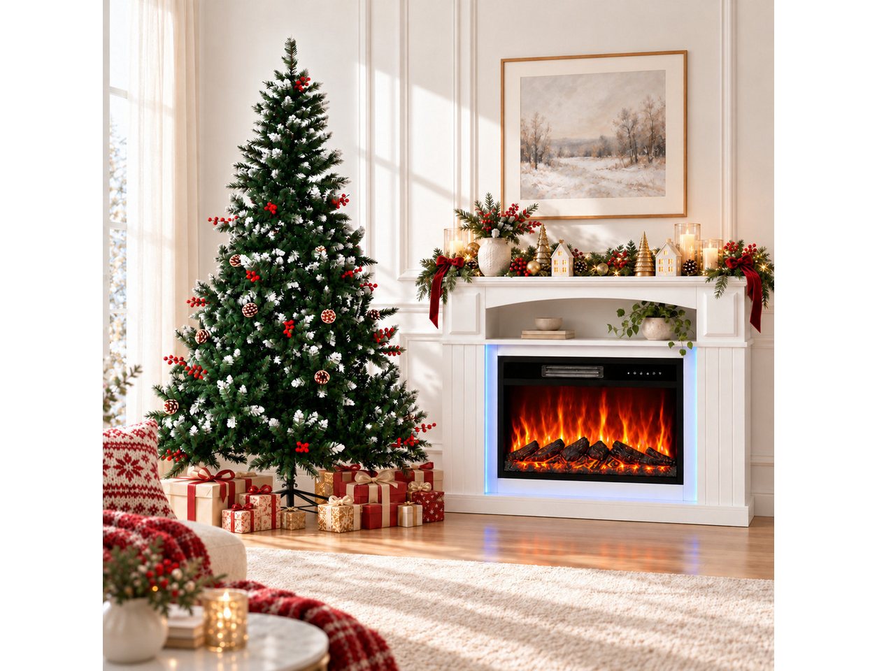 HOMAVO Elektrokamin mit Schrank, 23", 1000/2000W Heizung, 3D-Flammeneffekt, Schrankgröße: 100 × 26 × 87 cm, wahlweise mit Weihnachtsbaum