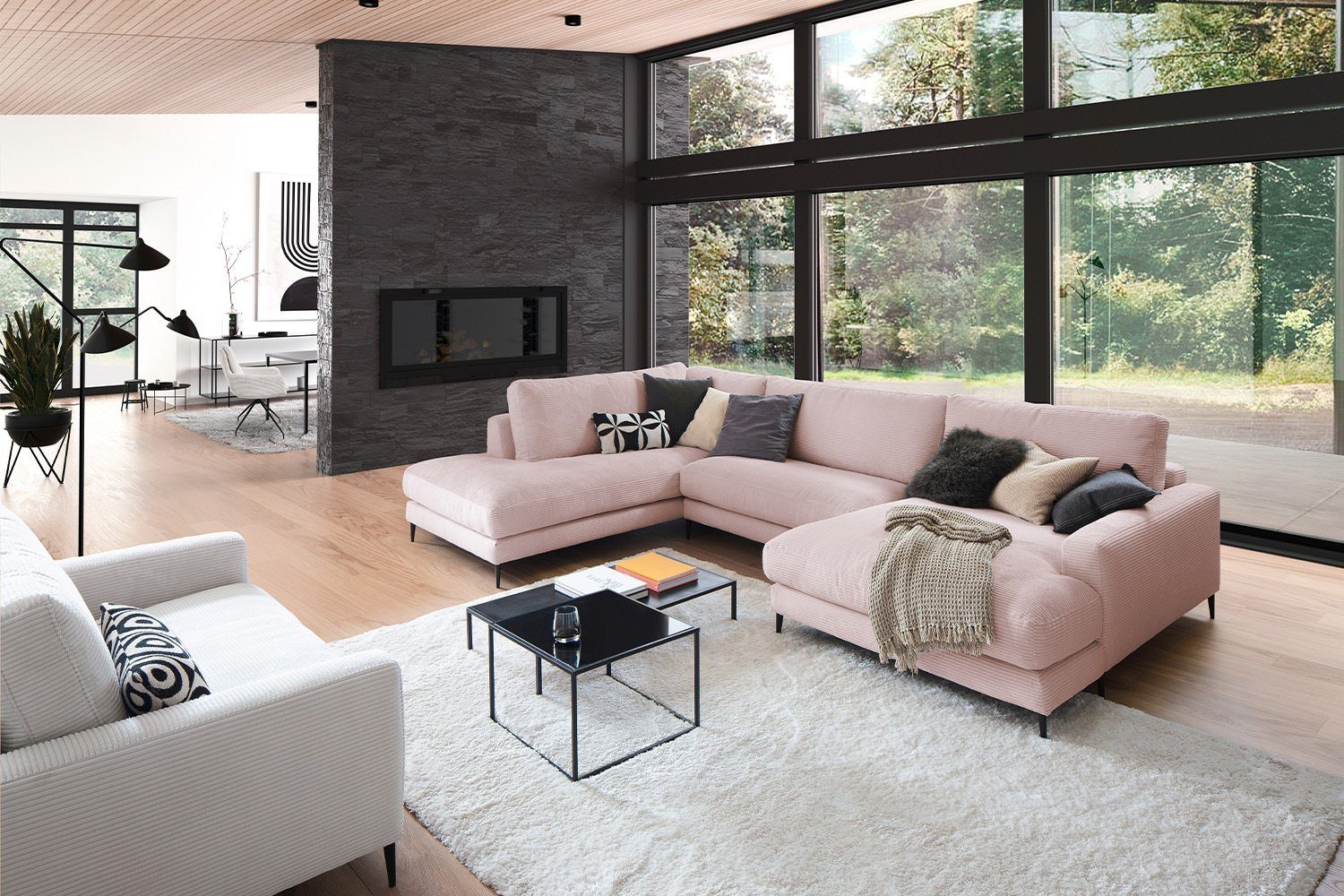 KAWOLA Wohnlandschaft CARA, Sofa U-Form Cord, Longchair rechts od. links, versch. Farben rosa
