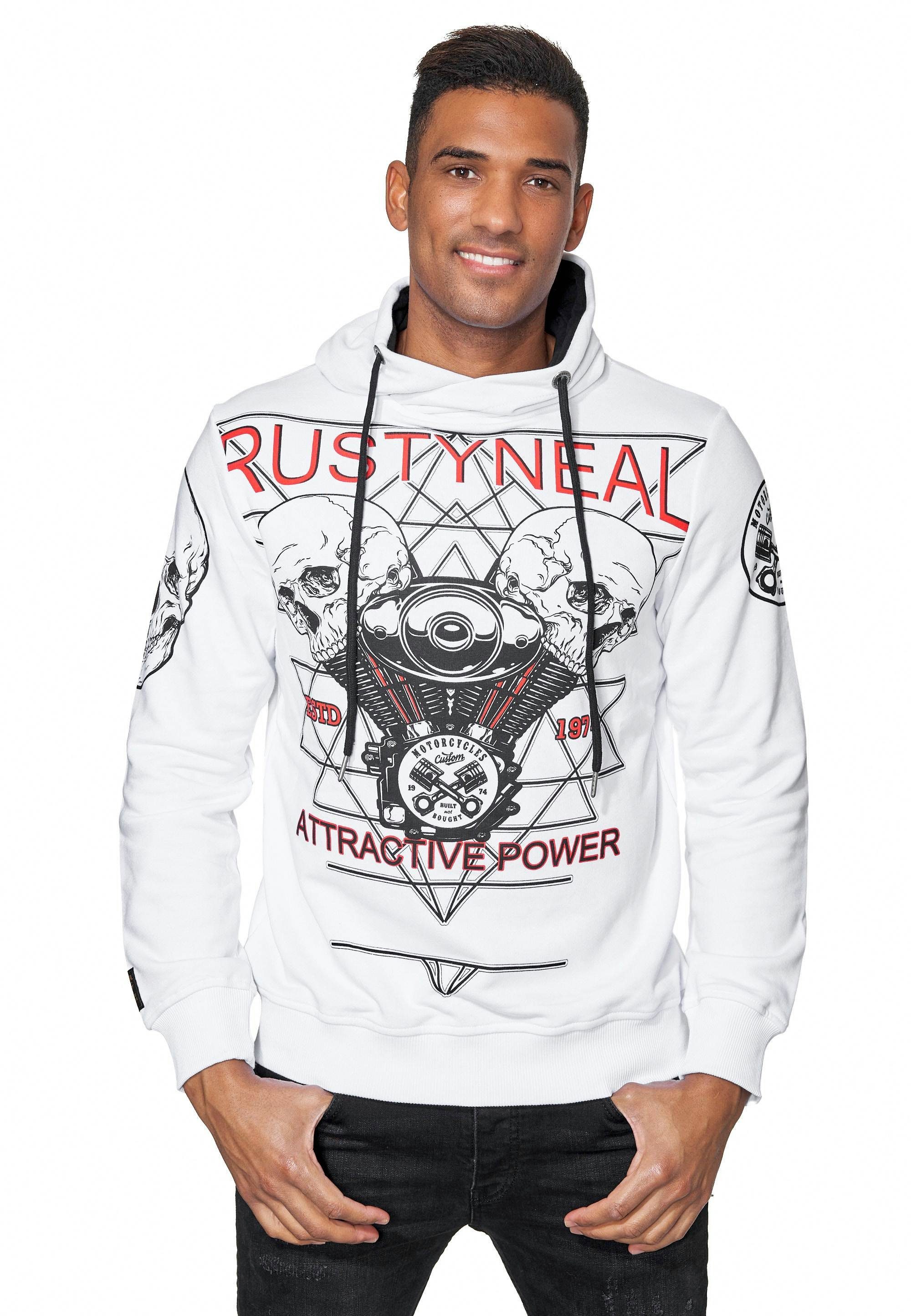 Neal rockigem Rusty Neal Sweater mit Print Kapuzensweatshirt weiß Rusty