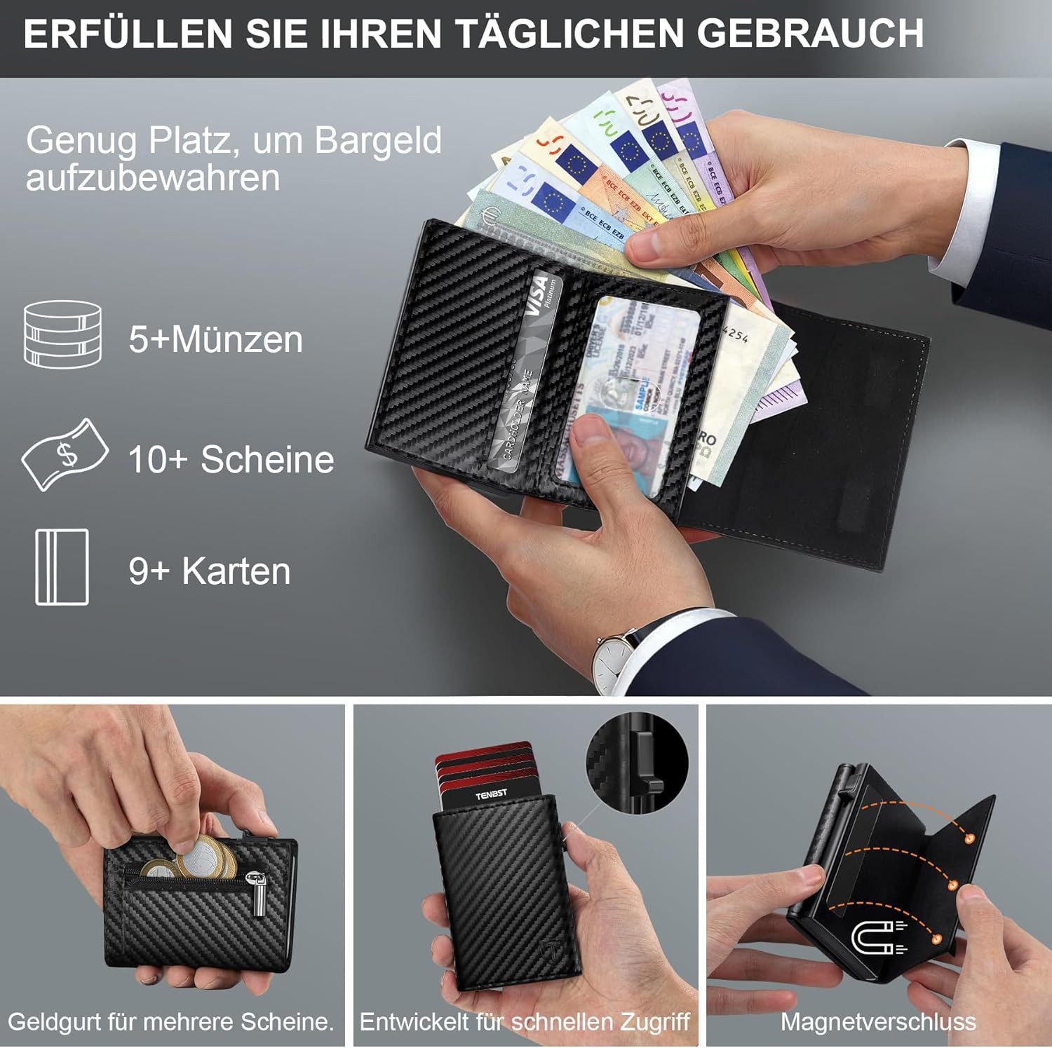 TEEHON Geldbörse Geldbeutel Herren mit Münzfach, Premium Portmonee Herren Klein (8-10 Karten, Geldbörse RFID Schutz, Hochwertige Slim Wallet), Kohlefaserleder K – Bild 4 von 5