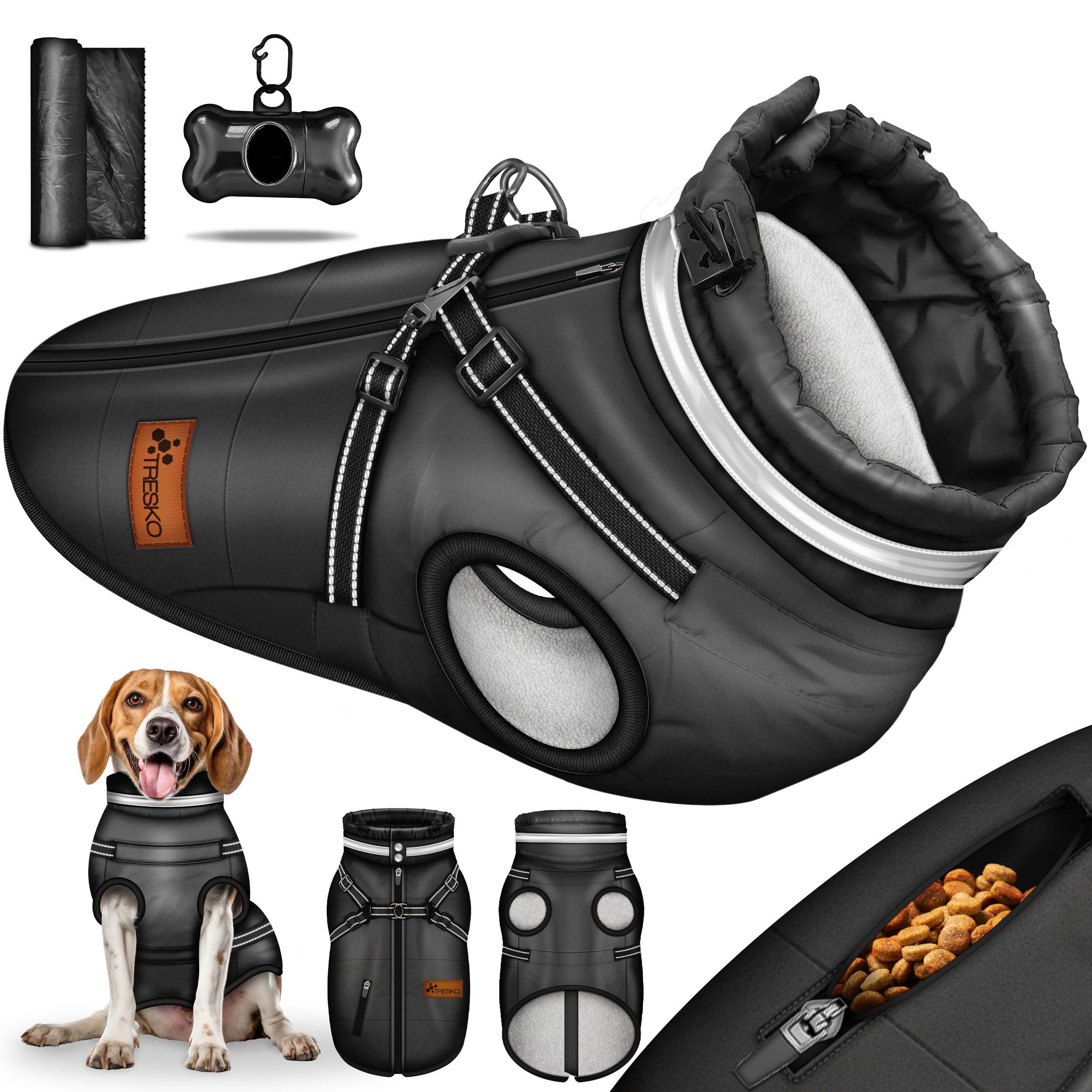 TRESKO Hundejacke Winter mit Reflektoren inkl. 15 Stück Kotbeutel, + Spender Hunderegenmantel wasserdicht Hundemantel mit Geschirr Weste