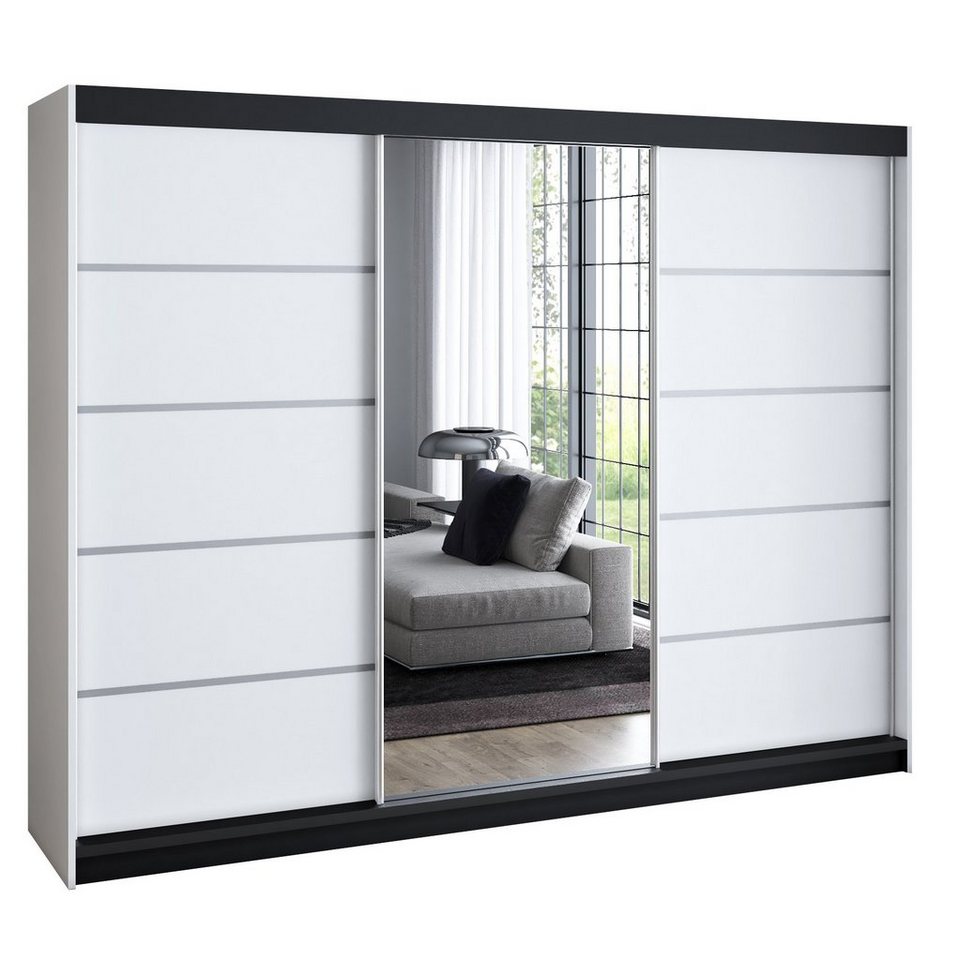 A&J MöbelLand GmbH Schiebetürenschrank VILUNO mit 4 Schubladen und Spiegel (nur für kurze Zeit! TOP ANGEBOT! Geräumiger Schrank mit einer Breite von 200 cm und Spiegel, ideal zur Aufbewahrung von Kleidung und Accessoires. 4 Schubladen und viel Stauraum. T