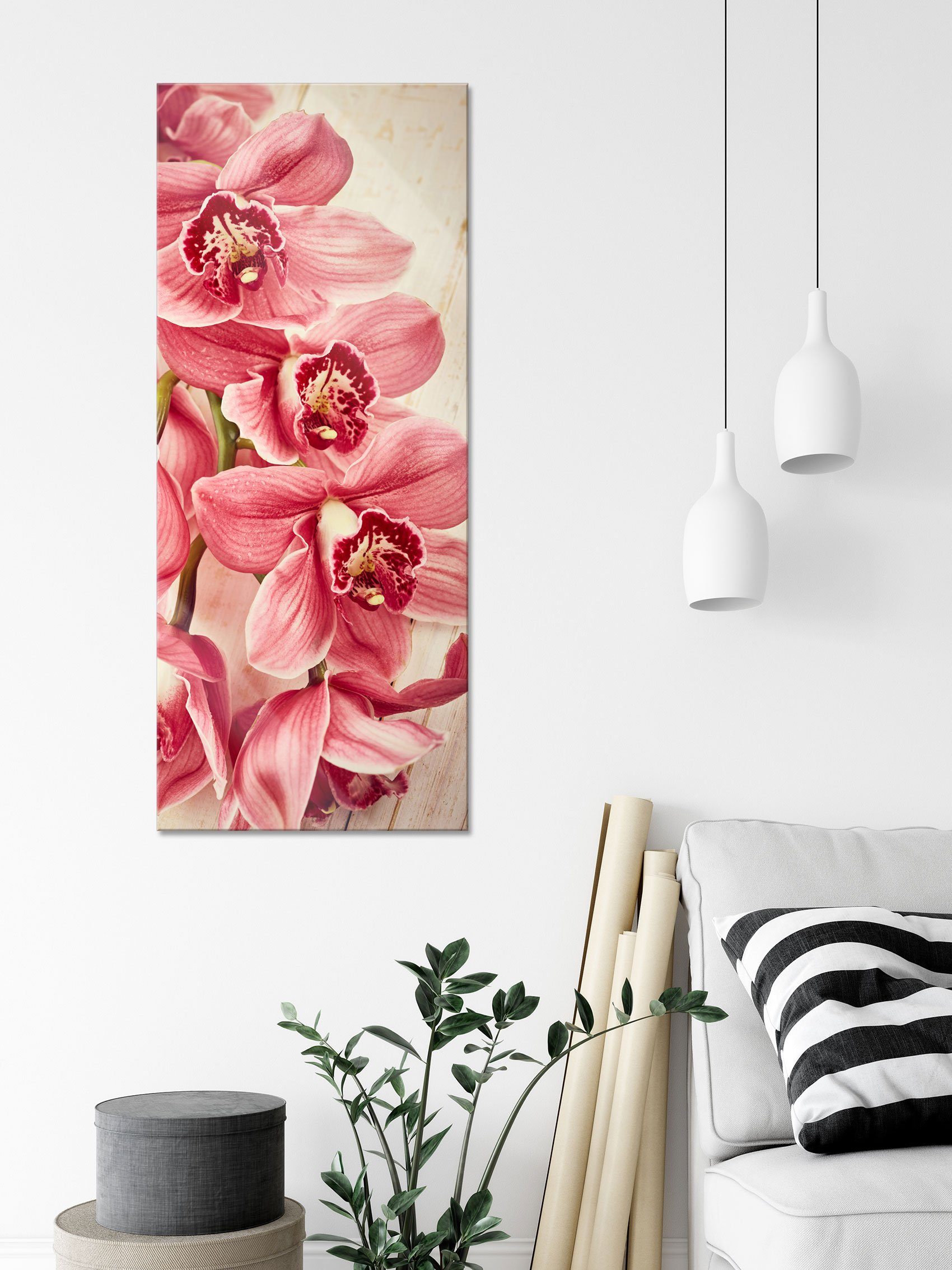 (1 Orchideenblüten Aufhängungen Rosane Glasbild aus Orchideenblüten, Glasbild inkl. Abstandshalter St), Echtglas, Rosane und Pixxprint