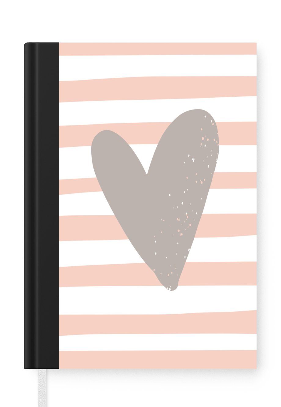 MuchoWow Notizbuch Illustration eines grauen Herzens auf einem weiß-rosa gestreiften, Journal, Merkzettel, Tagebuch, Notizheft, A5, 98 Seiten, Haushaltsbuch