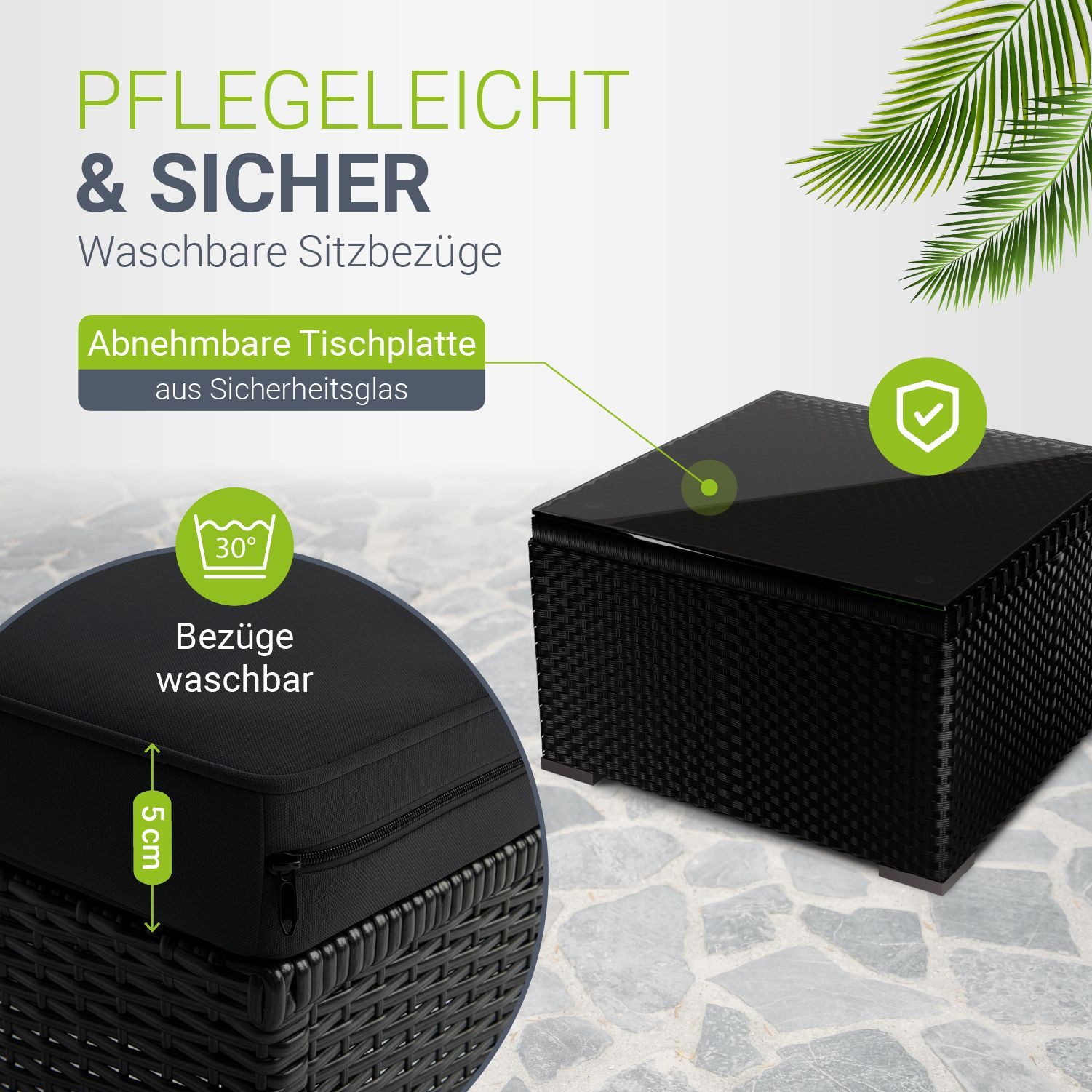 Juskys Gartenlounge-Set Punta Cana, (Set, Sitzgruppe), Polyrattan Sitzgarnitur mit 1 Tisch, 1 Sofa und 1 Hocker, 1 Abdeckung