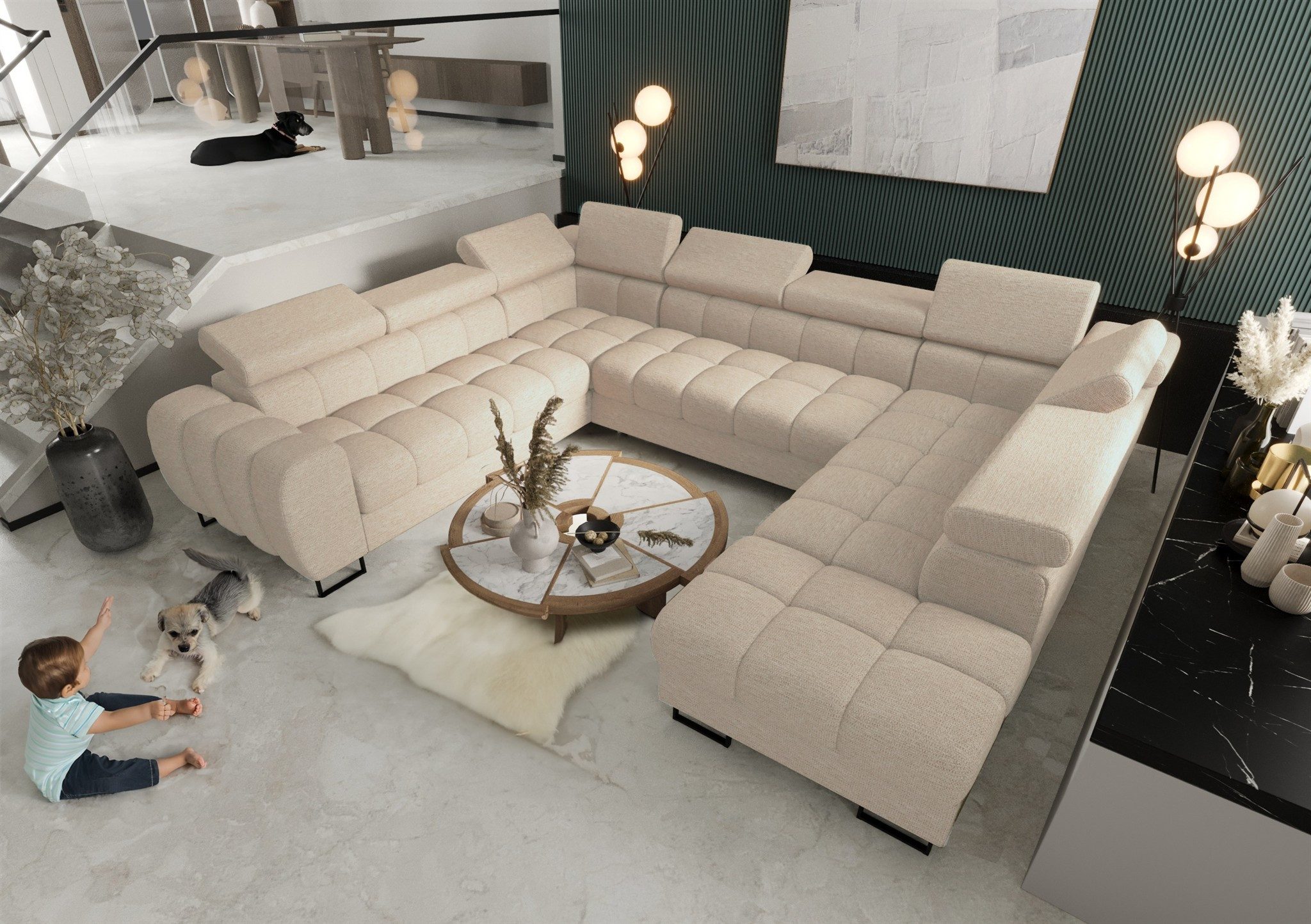 Fun Möbel Wohnlandschaft Schlafsofa BASTIEN XL mit Ottomanen in Stoff, inkl. Bettkästen, mit Rundumbezug, ausziehbare Liegefläche