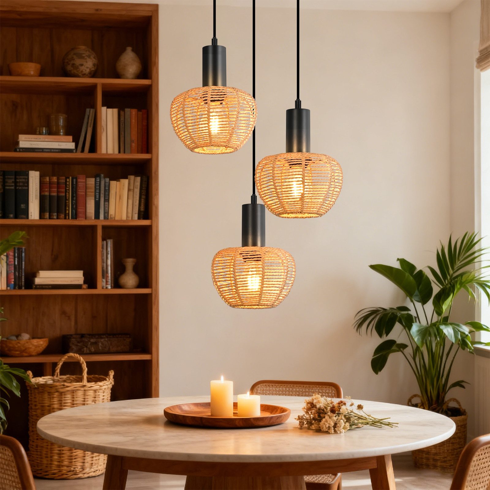 Nettlife Pendelleuchte Retro Boho Schwarz Hängelampe aus Rattan 1/3 flammige E27, Höhenverstellbar, ohne Leuchtmittel, ob Schlafzimmer Flur Esszimmer Dachboden Küche