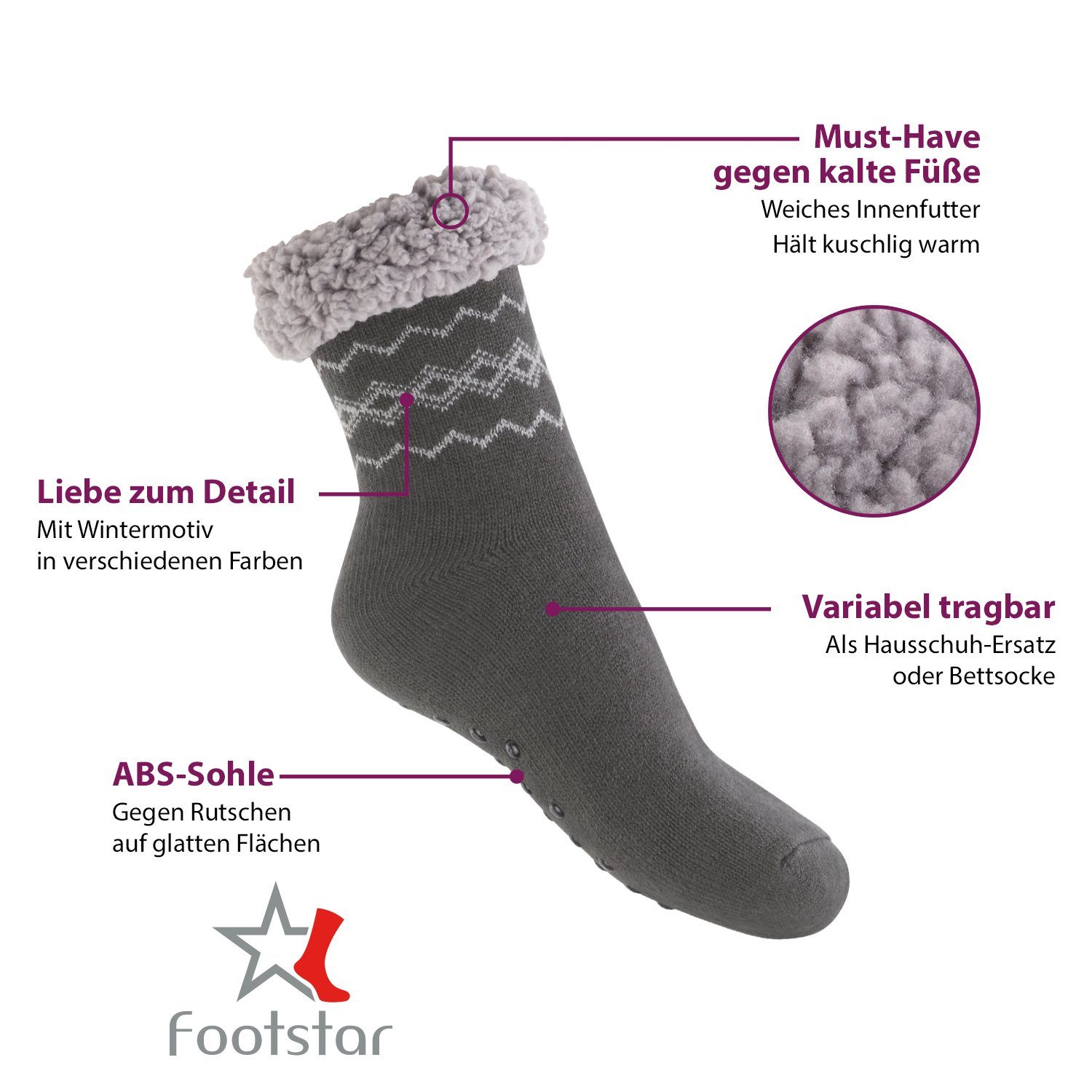 Footstar ABS-Socken Winter Haussocken Damen & Herren 1er oder 2er Kuschelsocken