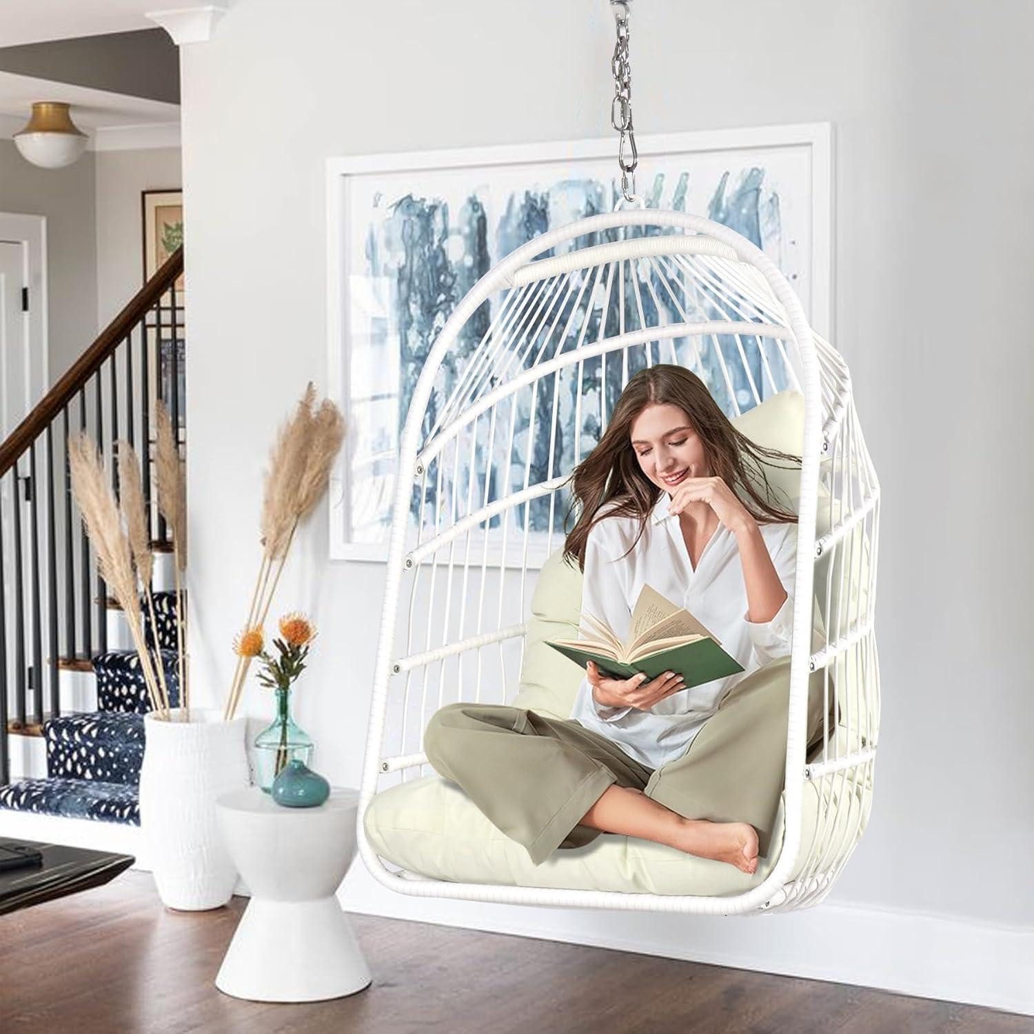 LuxusKollektion Hängesessel Hängesessel Korb Rattan Kettenglied Edelstahl Kissen Balkon Weiß stuhl