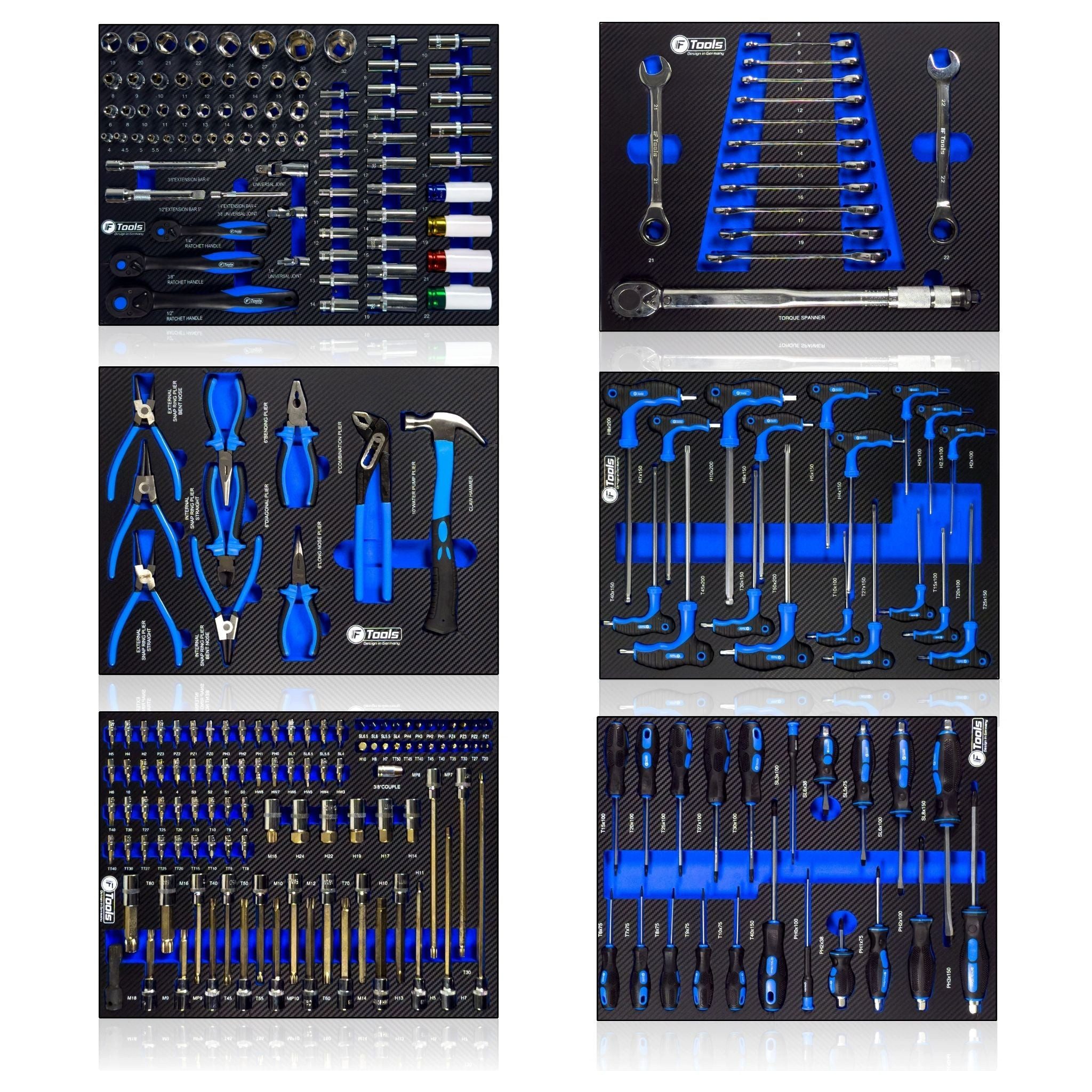 Toolcar Werkzeugwagen Werkstattwagen 7 Schubladen, 6 befüllt, bestückt, gefüllt - Blau, kugelgelagert, 4 Rollen (2 Stop), Pegboard, Chrom-Vanadium-Stahl, max. Traglast:35 kg, 259-tlg. Werkzeugset, (Steck-/Ringschlüssel, Ratschen, /Torx, Schraubendreher, Zangen, 259-tlg., EVA-/Schaum-Einlagen, logisch sortiert, schneller Zugriff), Arbeitsplatte, Einzelauszug, Kantenschutz, Drehmomentschlüssel
