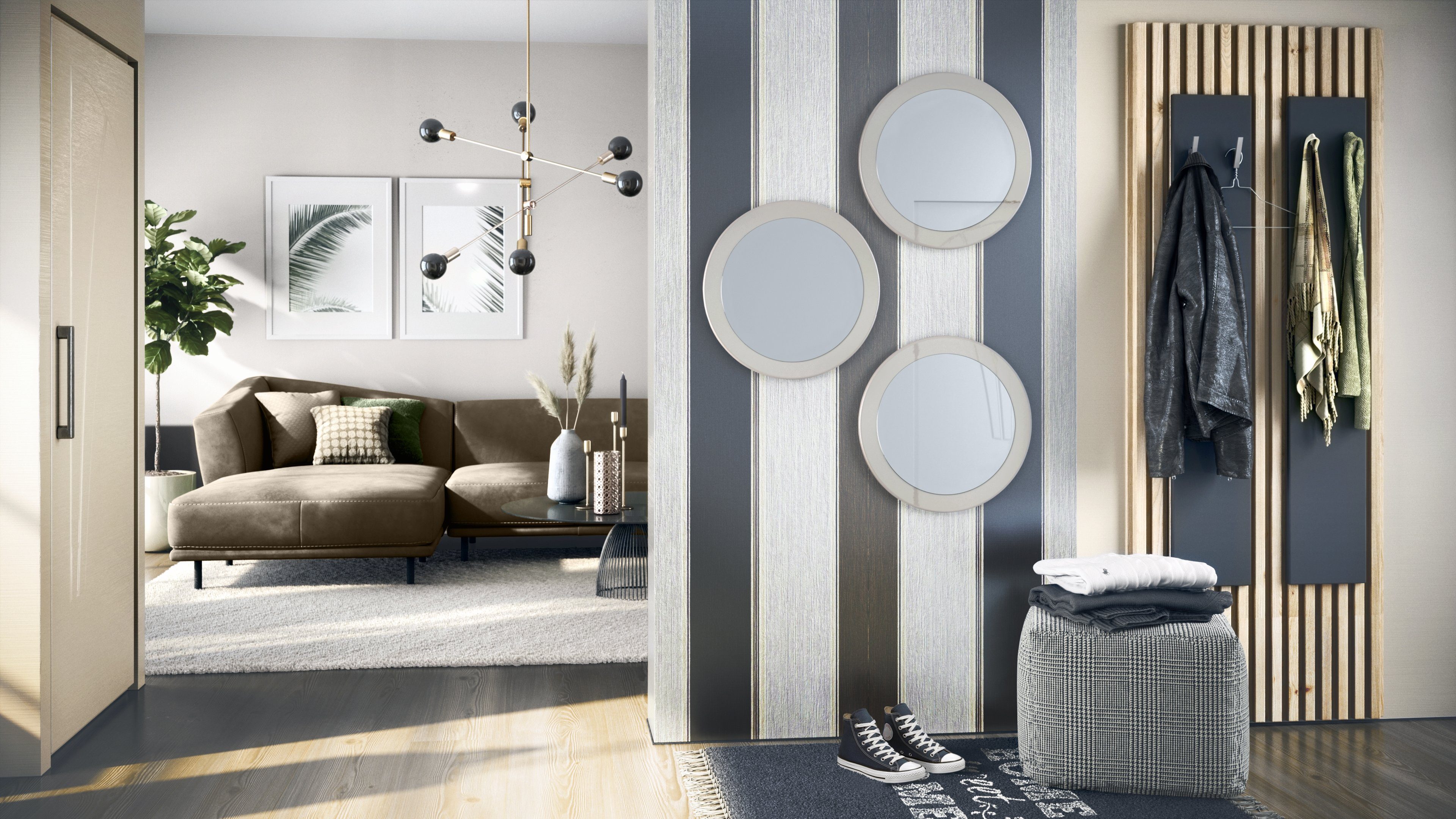 dekorative in Flur und MDF-Rahmen), (50 Vladon Durchmesser) Globe cm Spiegel, runde Wandspiegel Sandgrau Hochglanz für (3 mit Wohnzimmer