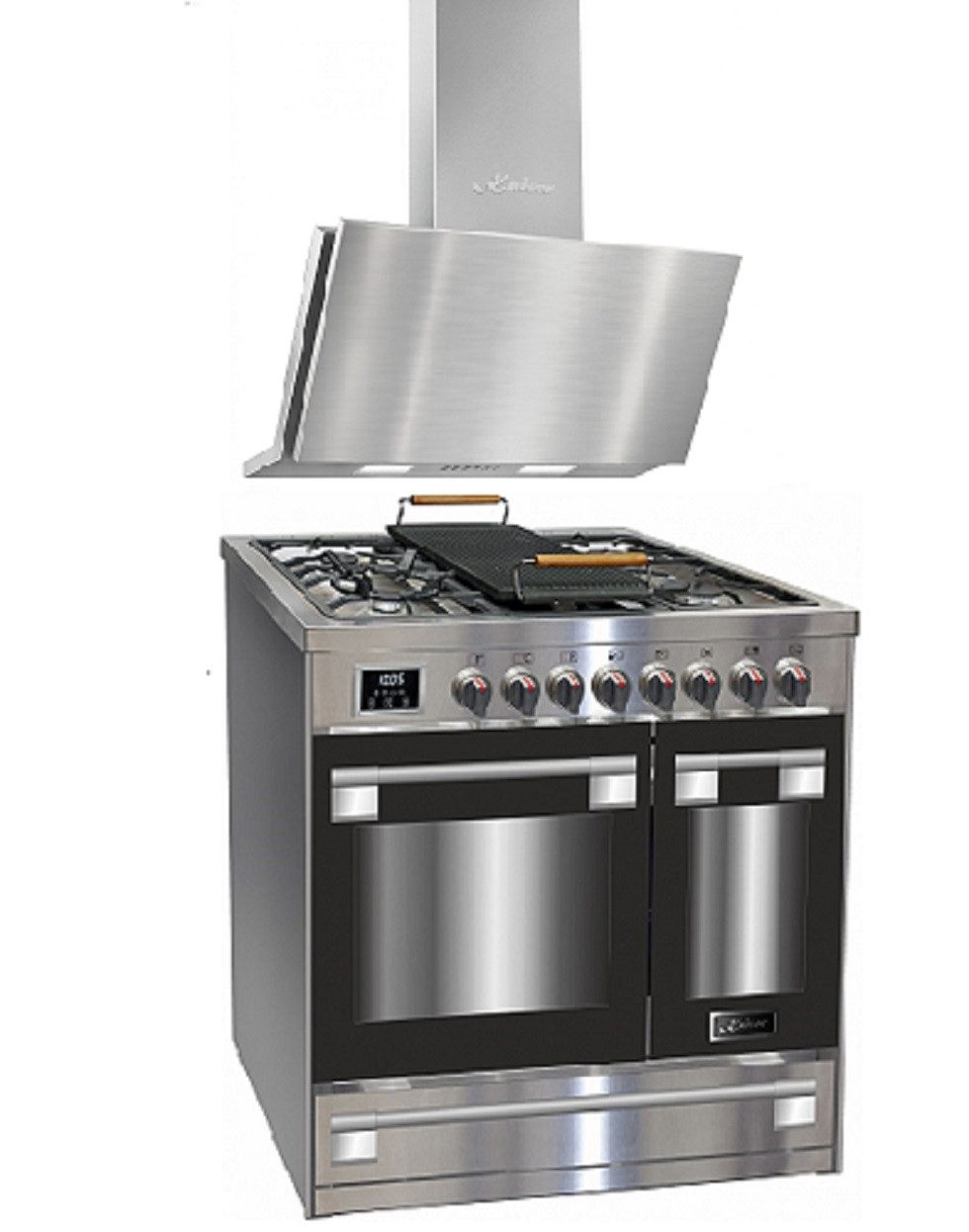 Kaiser Küchengeräte Gasherd-Set Gas Elektro Standherd 90 cm, Edelstahl, Inox, Range Coocker+Dunstabzugshaube 90 cm HGE 93201 R+AT 9455 N ECO.,., mit 1-fach-Teleskopauszug, Katalytische Selbstreinigung, Gas Elektro Standherd 90 cm+Dunstabzugshaube 90 cm 1250 m³/h