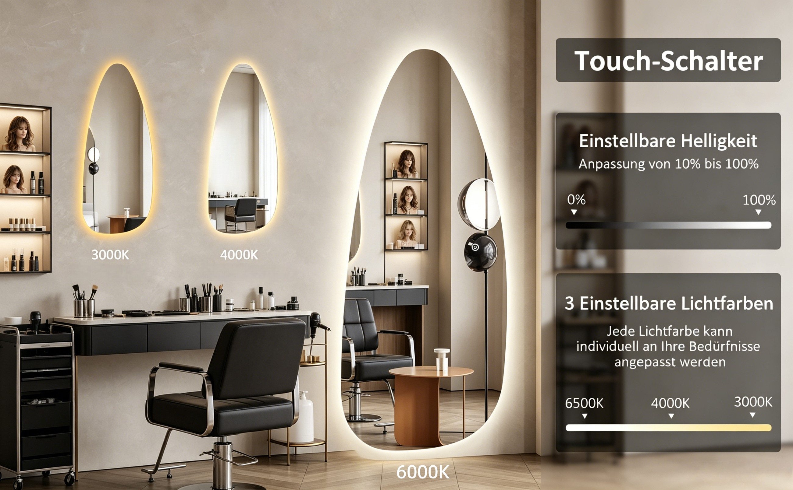 WDWRITTI Spiegel groß für Friseurladen Hotel Garderobe & Flur Schlafzimmer Wohnzimmer (Wandspiegel mit LED Beleuchtung, 1-St., 165x60, 145x60, 165x65, 150x50), 3Lichtfarben, Dimmbar, Memory-Funktion