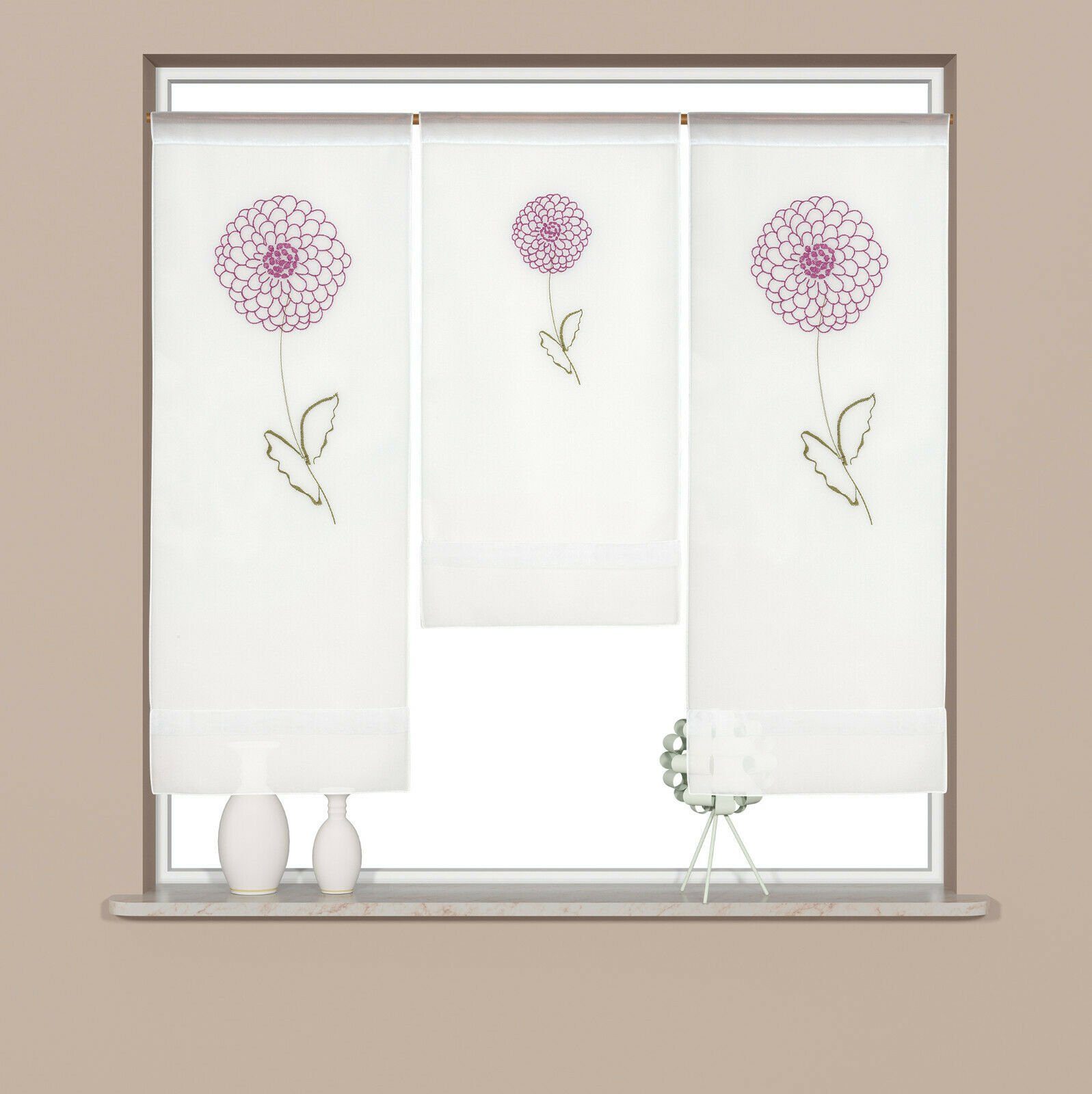 4043, transparent (3 Mini Stangendurchzug Blumen, Design Flächenvorhang Scheibengardine Set, mit Clever-Kauf-24, 3-teilig, St), Voile, bestickt