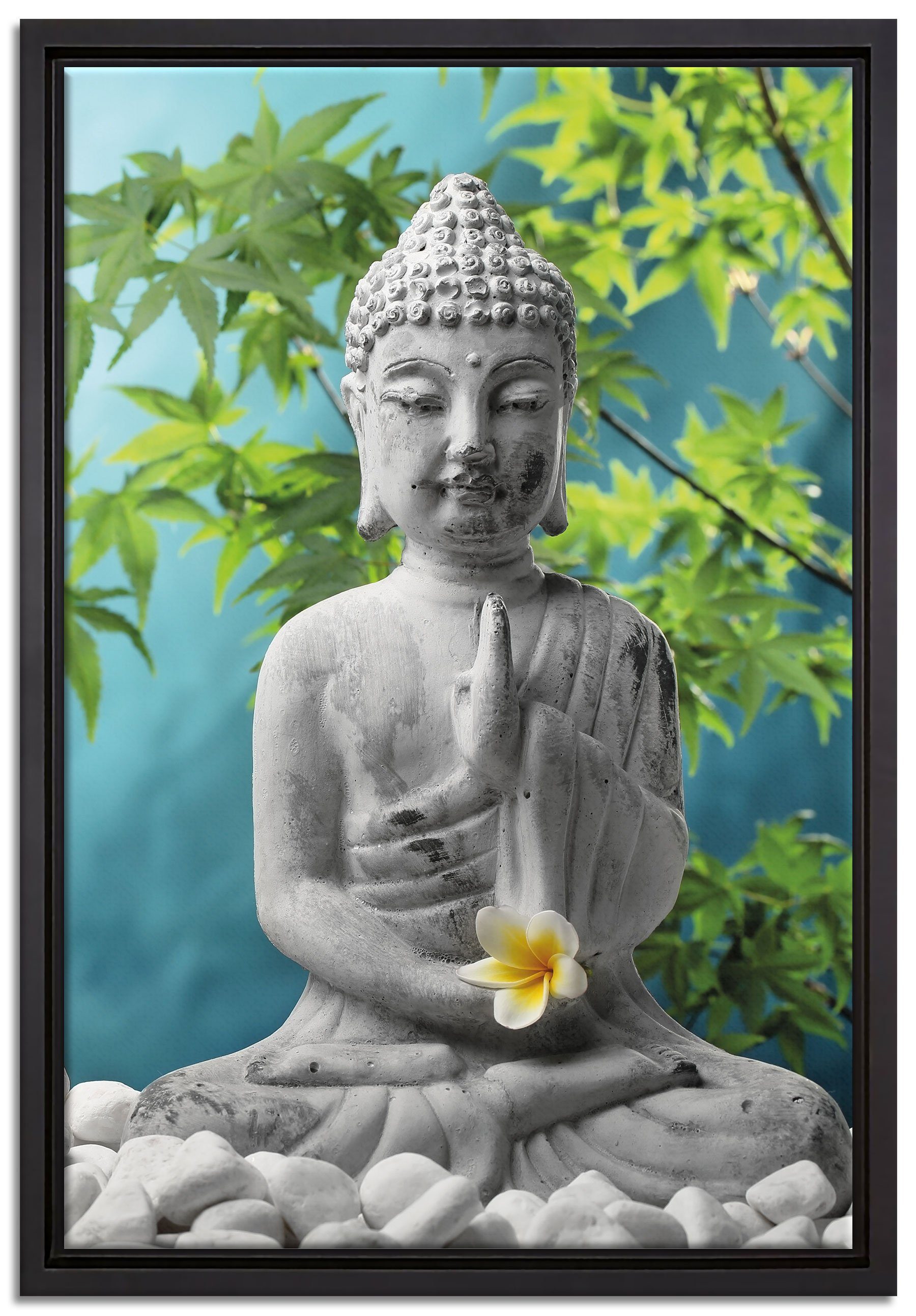 Pixxprint Leinwandbild Buddha auf Steinen mit Monoi Blüte, Wanddekoration (1 St), Leinwandbild fertig bespannt, in einem Schattenfugen-Bilderrahmen gefasst, inkl. Zackenaufhänger