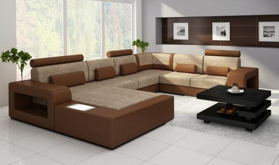 Couch Wohnlandschaft Ecksofa, Sofa JVmoebel Stoff Sofa Beleuchtung mit Leder Textil