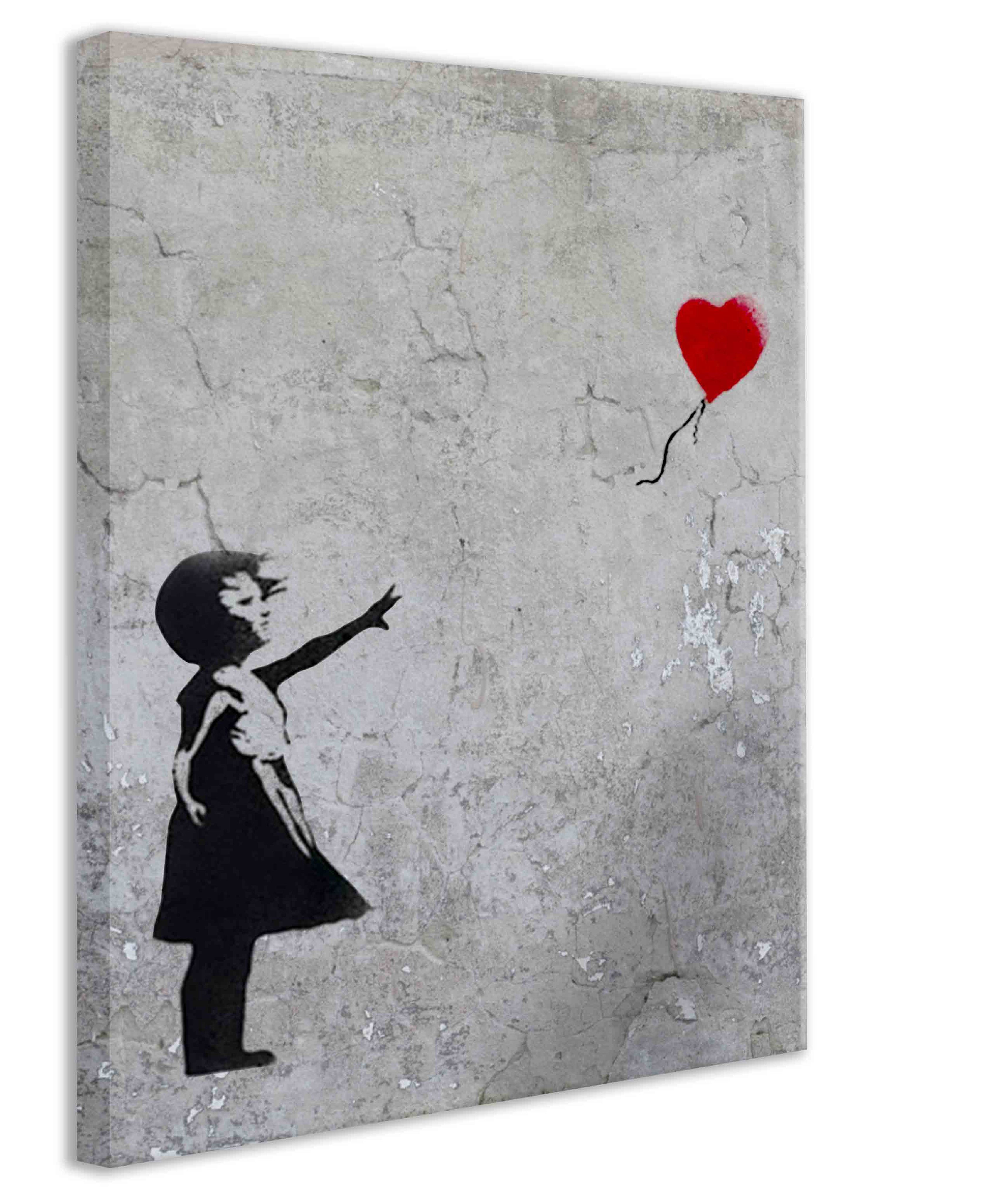 Leinwando Gemälde Leinwandbild Banksy / Mädchen mit Herz Grau hochkant / Street Art