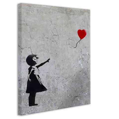Leinwando Gemälde Leinwandbild Banksy / Mädchen mit Herz Grau hochkant / Street Art