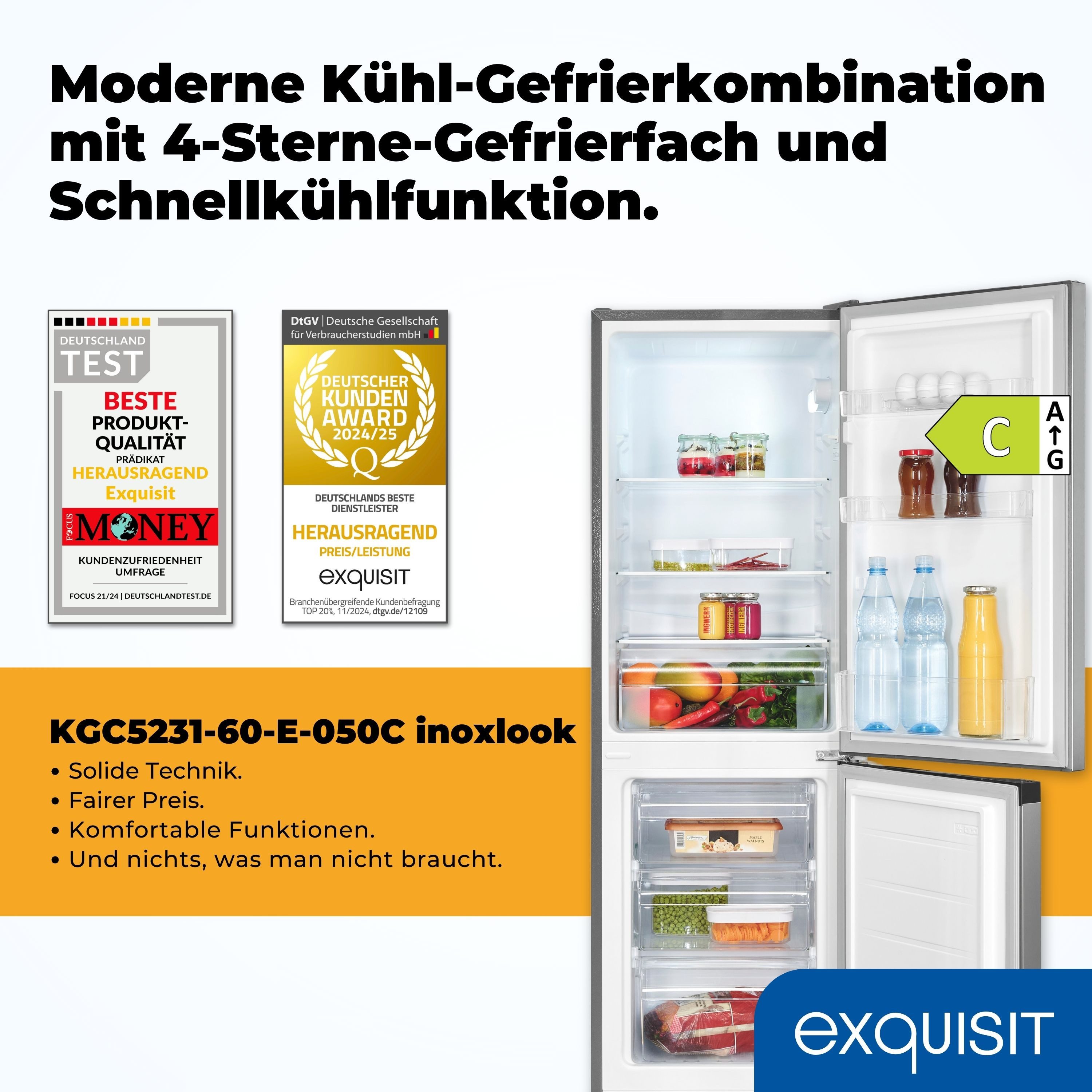 exquisit Kühl-/Gefrierkombination KGC5231-60-E-050C, 144 cm hoch, 47.4 cm breit, 4*-Gefrieren, Schnellkühlen, 157 Liter Nutzinhalt, 3 Ablagen