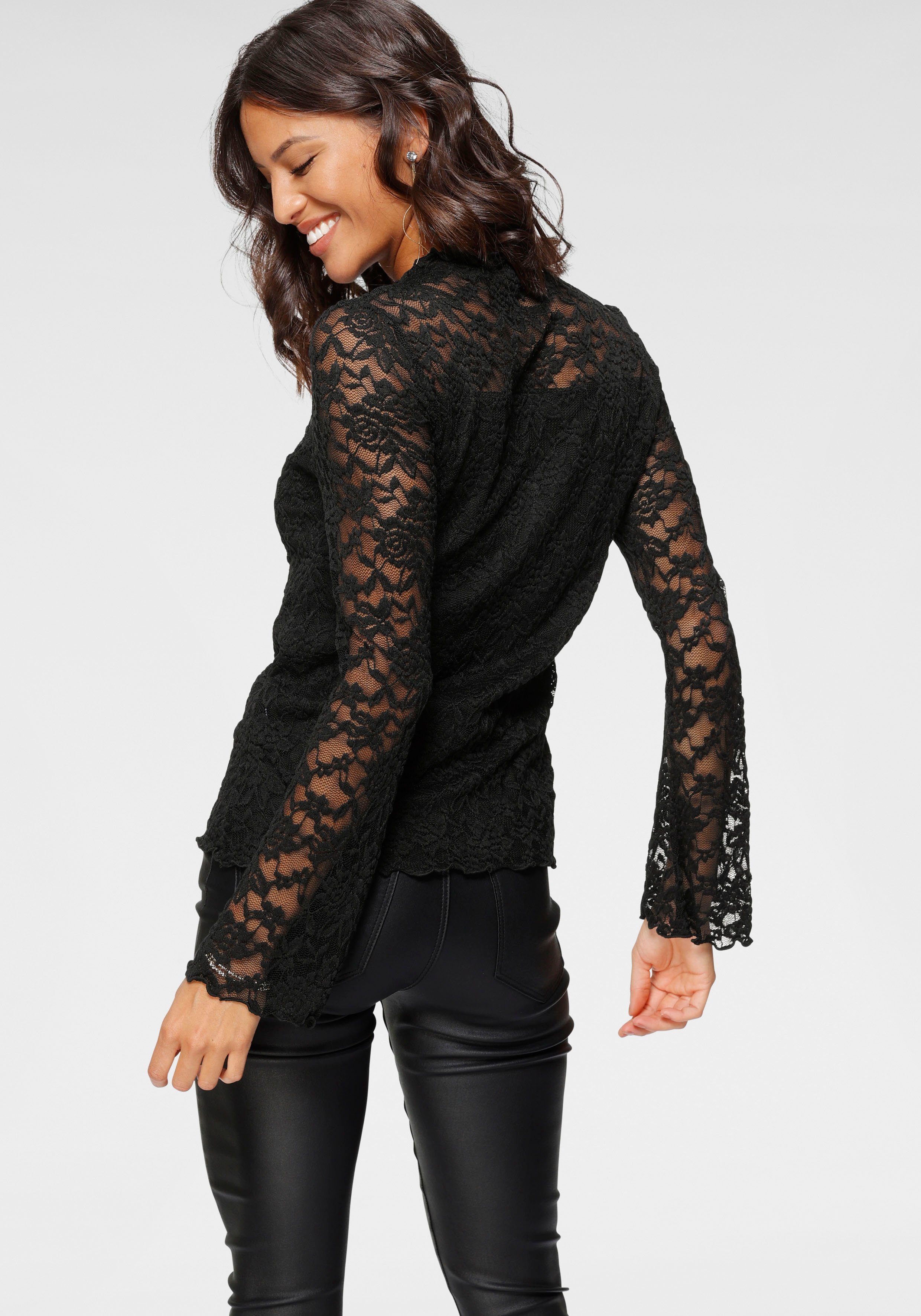 Laura Scott T-Shirt Langarm, figurbetonter Schnitt, Tulpenärmel, Stehkragen günstig online kaufen