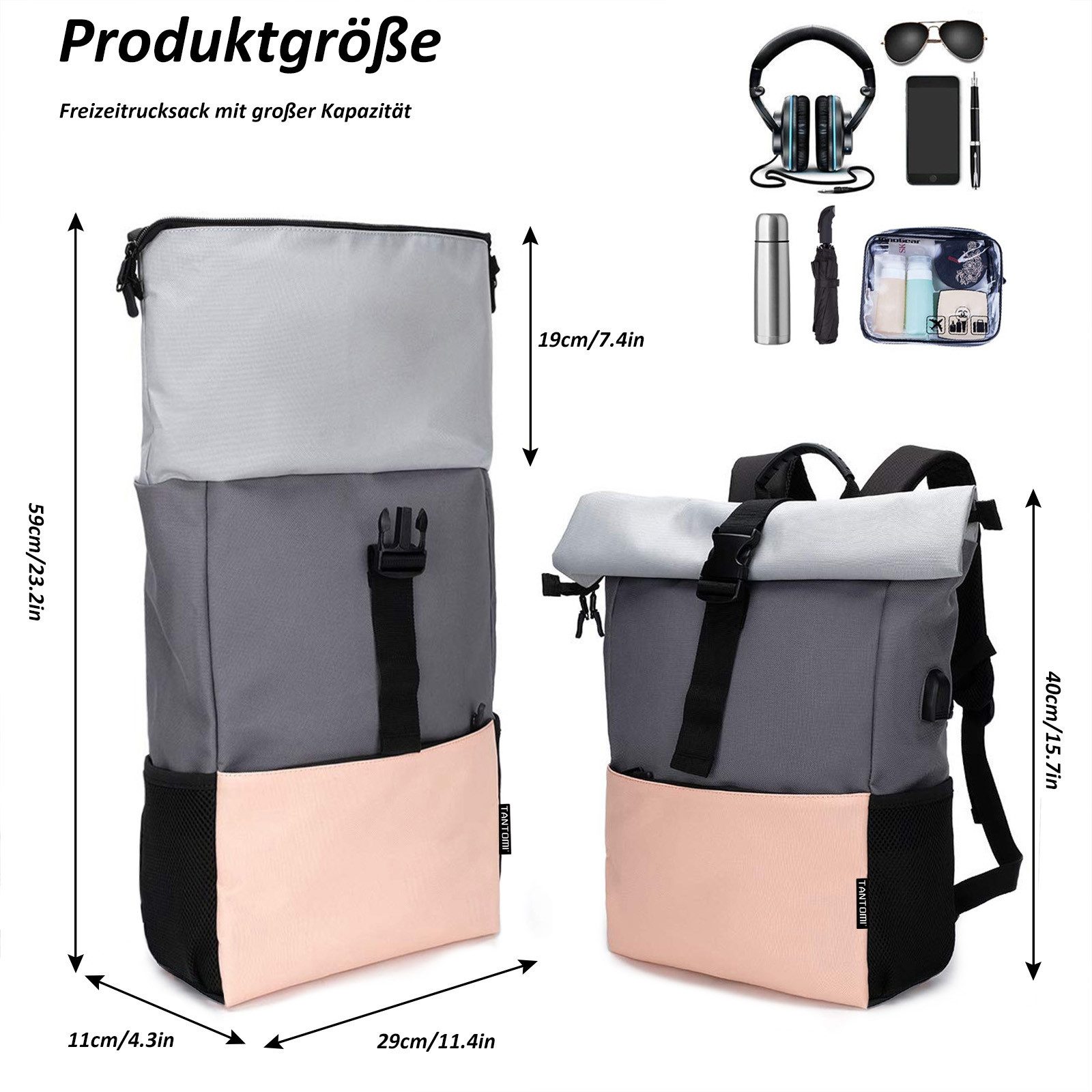 TAN.TOMI Cityrucksack Rucksack Damen Groß Rucksack Herren Groß Schulrucksack (Arbeitsrucksack viele Fächer mit 15,6" Laptopfach/USB-Anschluss), Unisex Rolltop Rucksack Wasserdicht, Lässiger Backpack