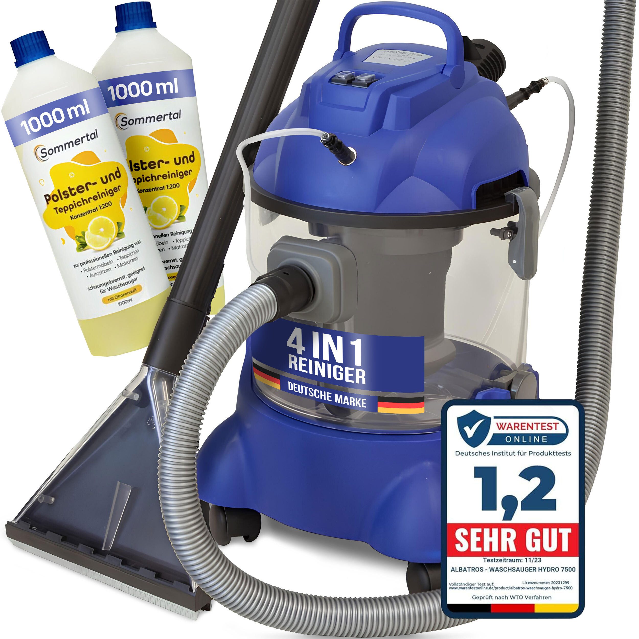 Albatros International Wasch-Sauger Waschsauger Polsterreiniger HYDRO 7500 + 2L Reinigungskonzentrat, 1200 W, Polster-Reiniger Auto - 1200 W, 20l Volumen, 22 kPa Saugleistung