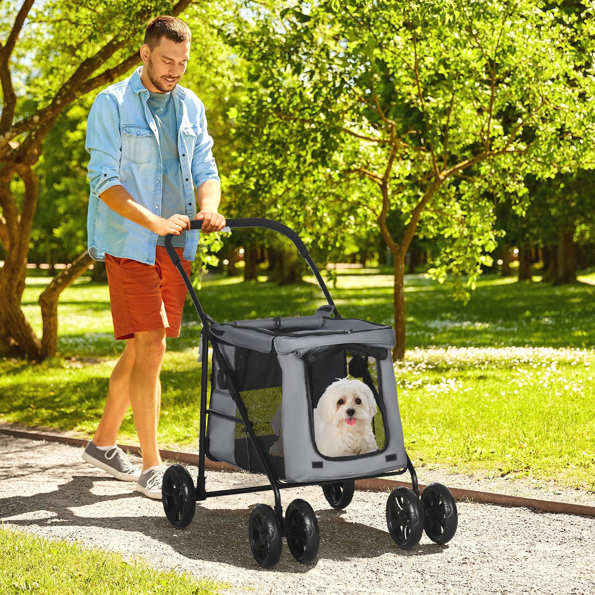 PawHut Hundebuggy Hundewagen, Katzenbuggy, mit Seitentaschen, Netzfenster, (Hundetrolley, 1-tlg), für kleine und mittelgroße Hunde bis 20 kg, Oxford-Gewebe, Grau