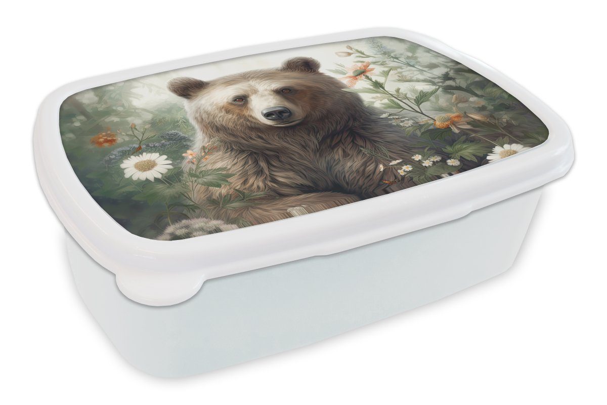 MuchoWow Lunchbox Braunbär - Wildtiere - Blumen - Pflanzen, Kunststoff, (2-tlg), Brotbox für Kinder und Erwachsene, Brotdose, für Jungs und Mädchen weiß