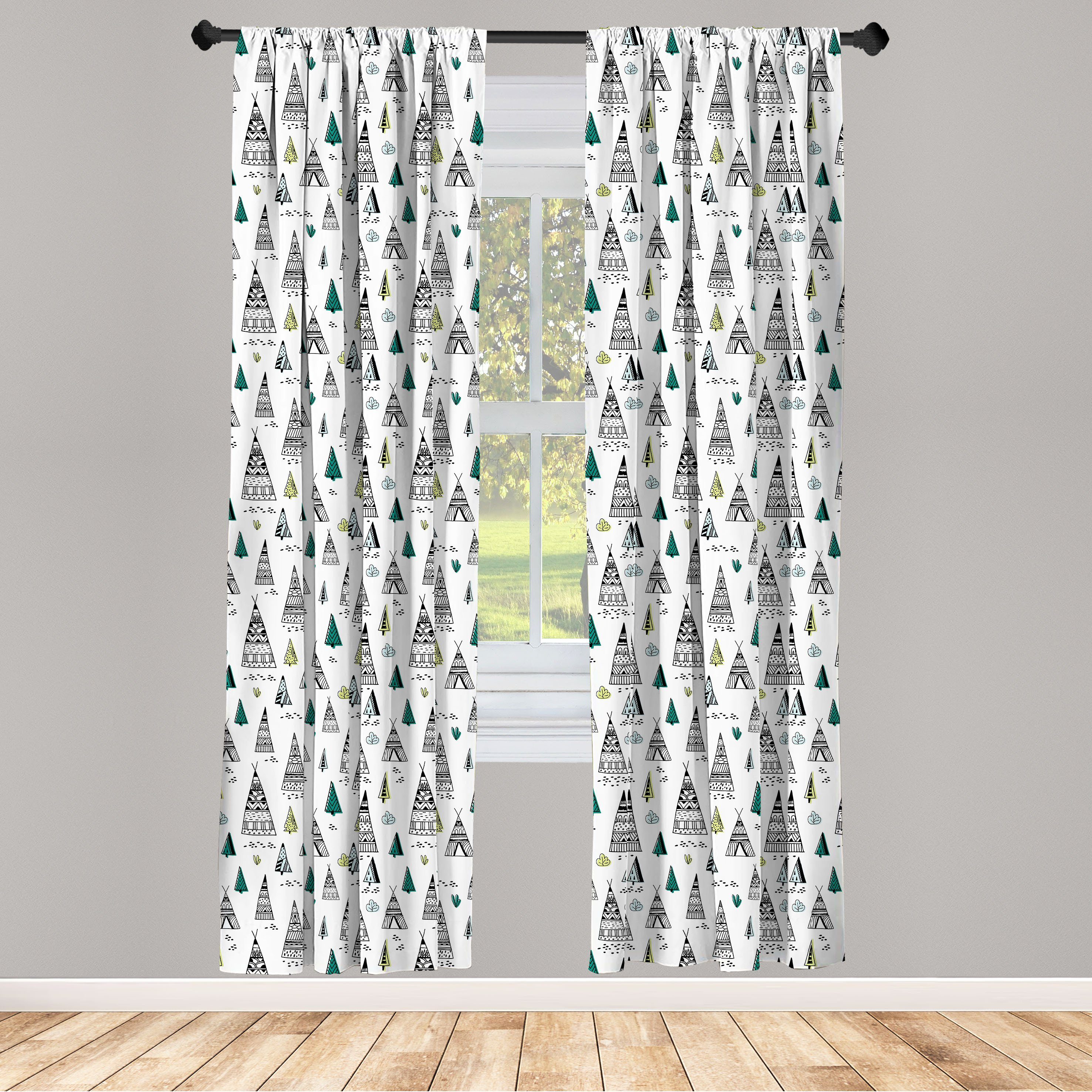 Gardine Vorhang für Wohnzimmer Schlafzimmer Dekor, Abakuhaus, Microfaser, Amerikanischer Ureinwohner Wigwam und Bäume