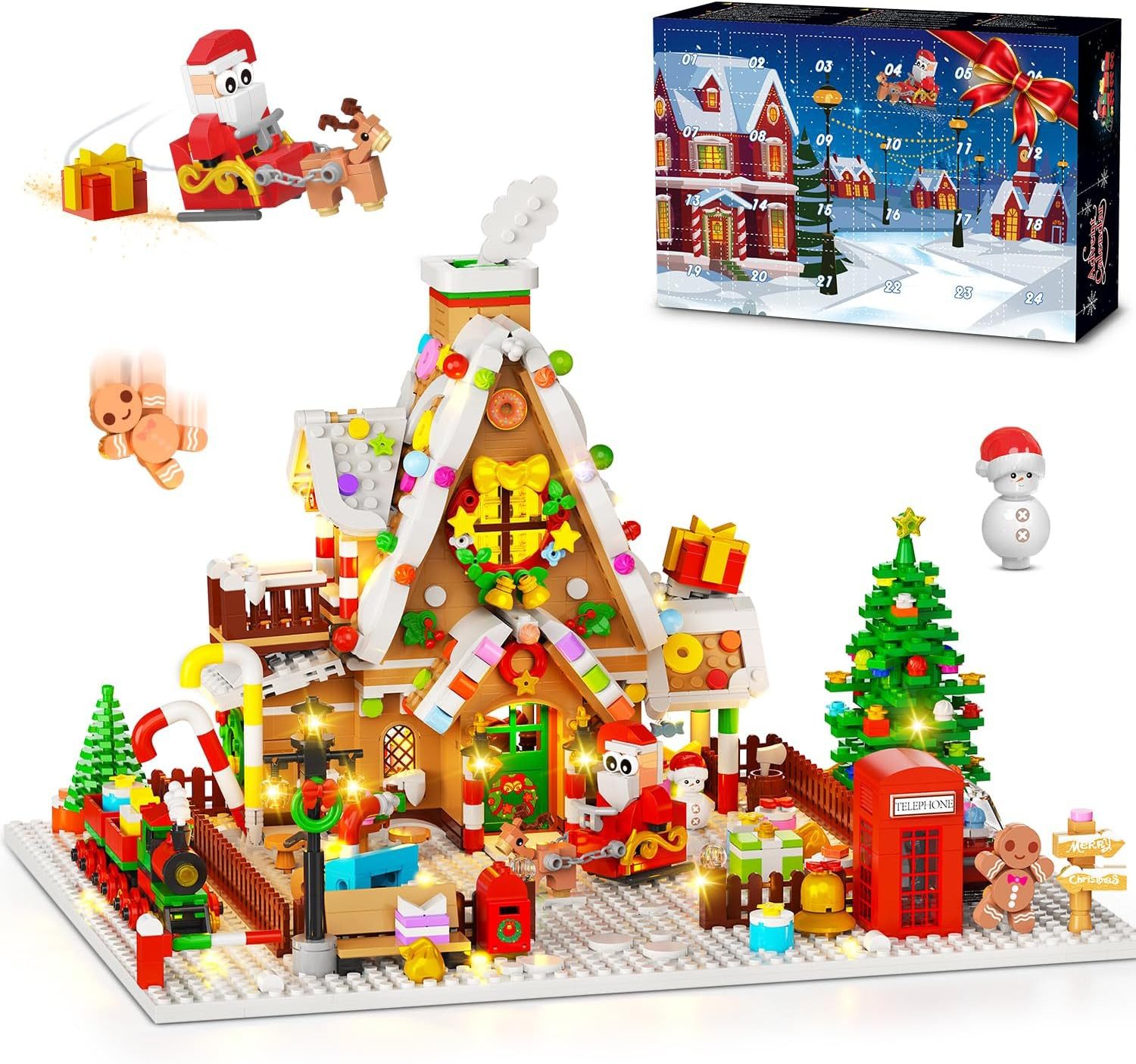 INSOON Adventskalender 2026 Lebkuchenhaus Mini Klemmbausteine Set mit Licht Spielbausteine, (Set, 1642 St., Geschenk für Erwachsene Jungen Mädchen), 24-Tage Weihnachts-Countdown Bauset mit Weihnachtsbaumzug
