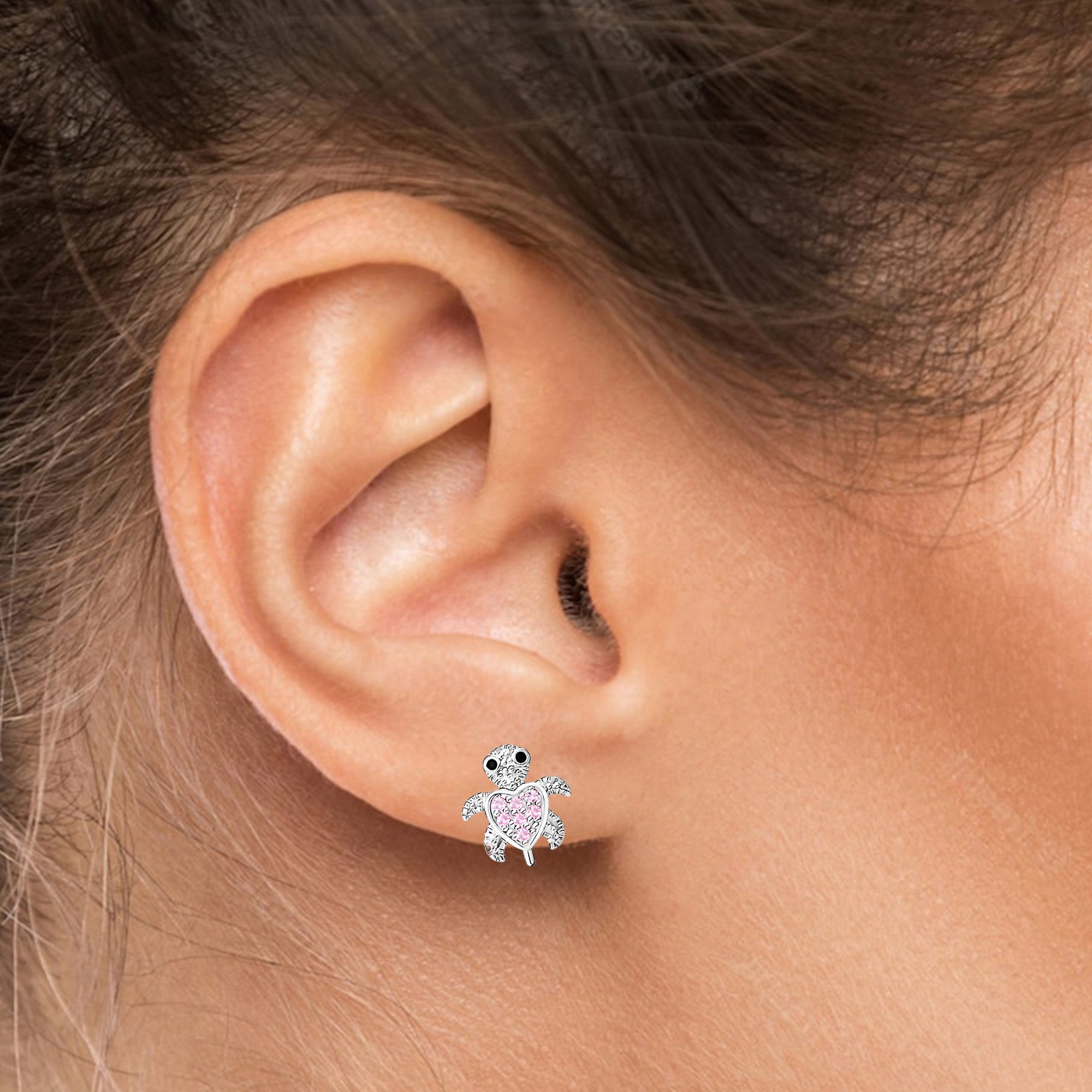Limana Paar Ohrstecker Kinder Mädchen Ohrringe Schildkröte 925 Silber rosa Zirkonia (inkl. Dose Silberschmuck Echtschmuck Schmuck Geschenk für Geburtstag), Ostern Einschulung Schulanfang Nikolaus Kommunion Weihnachten