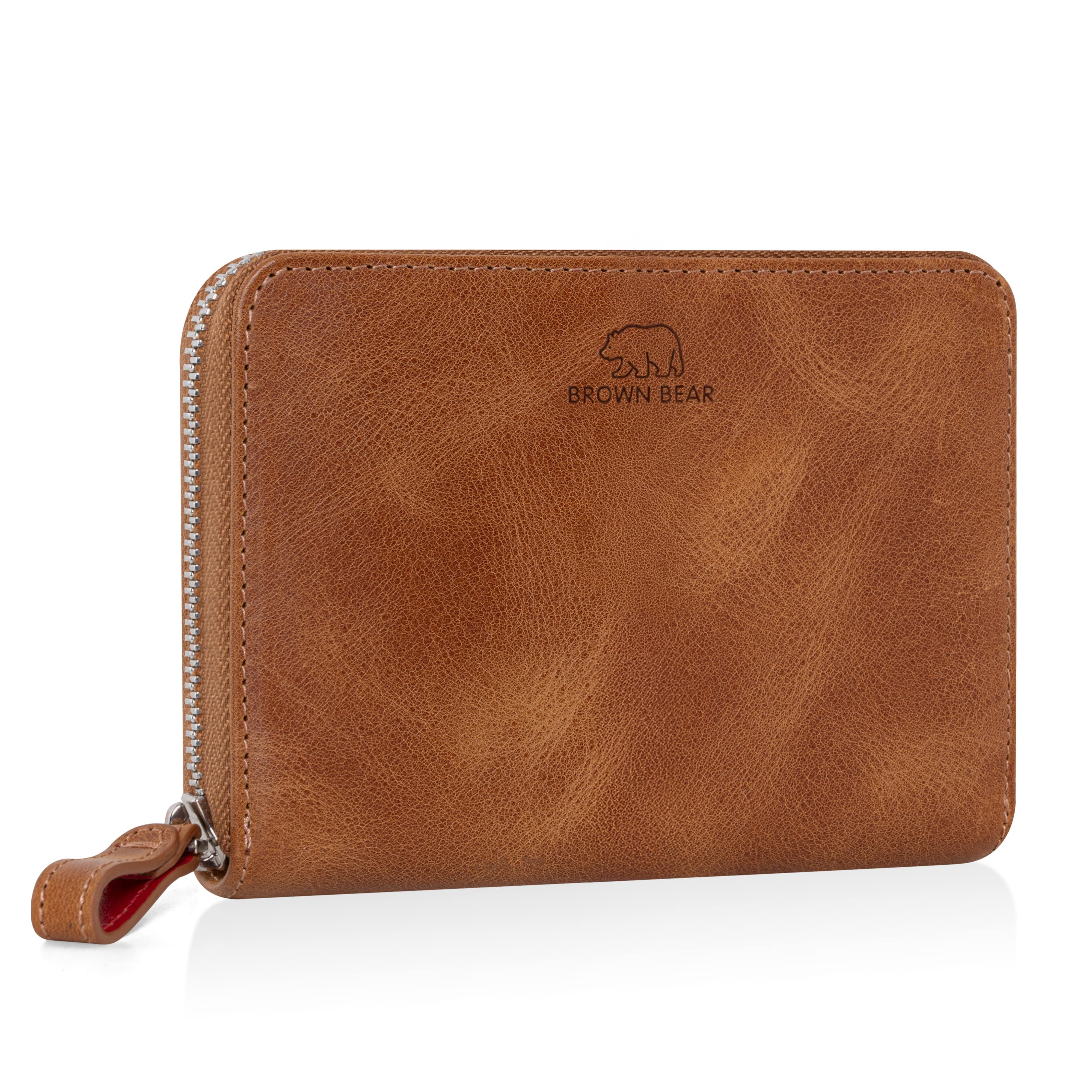 Brown Bear Geldbörse Pia aus Echtleder mit umlaufendem Reißverschluss, für Damen mit 10 Kartenfächern Farbe Vintage-Cognac