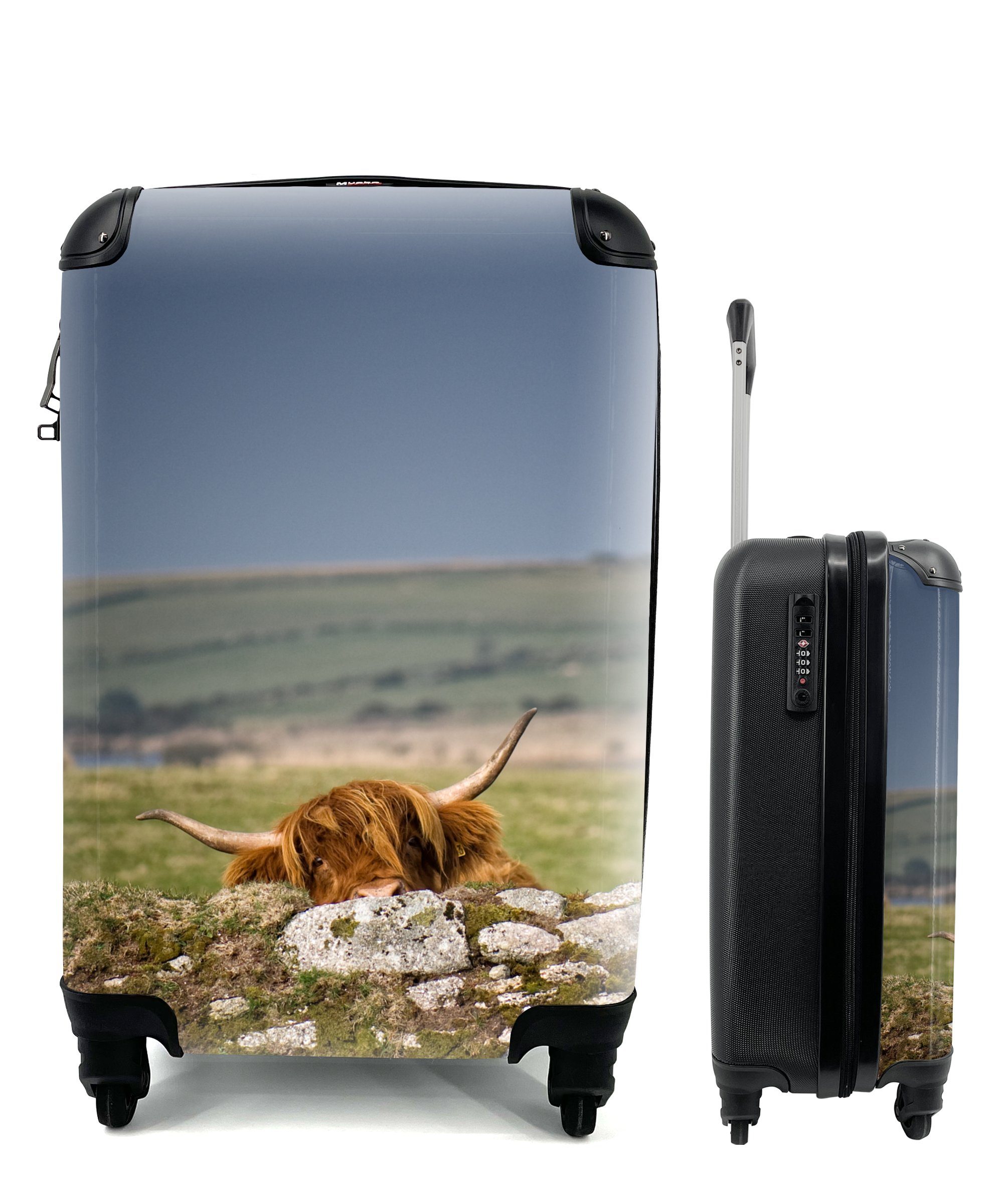 MuchoWow Handgepäckkoffer Schottische Highlander - Steine - Gras, 4 Rollen, Reisetasche mit rollen, Handgepäck für Ferien, Trolley, Reisekoffer