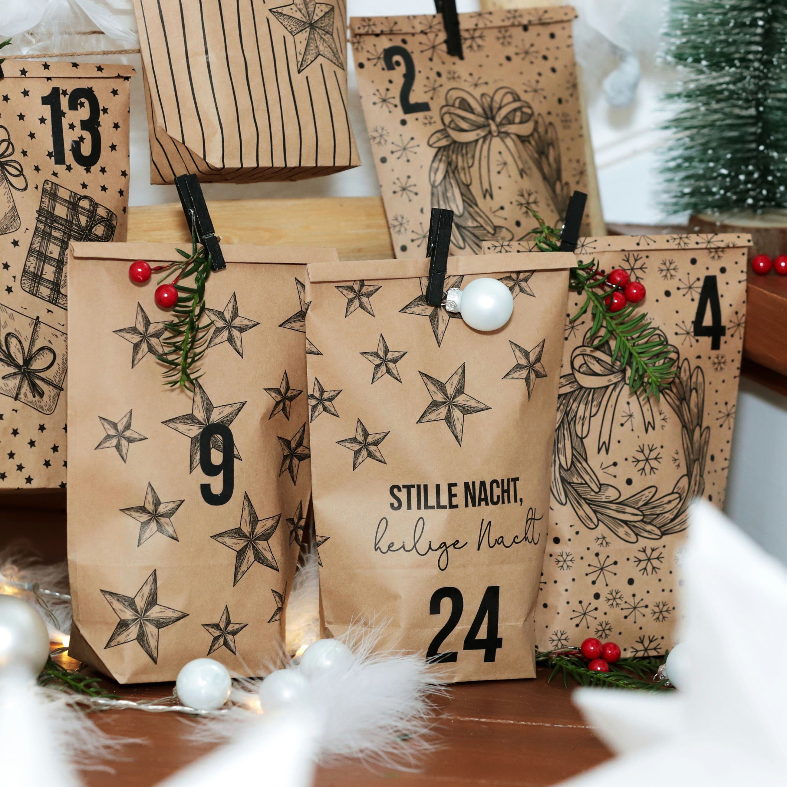 PAPIERDRACHEN befüllbarer Adventskalender DIY Adventskalender - 24 Geschenktüten, 24 Zahlenaufkleber & Klammern