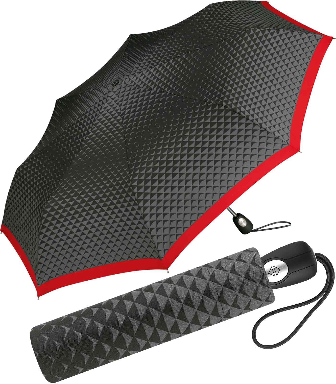 Pierre Cardin Stockregenschirm schöner Damen-Regenschirm mit Auf-Zu-Automatik, mit Dreiecke-Muster und roter Borte
