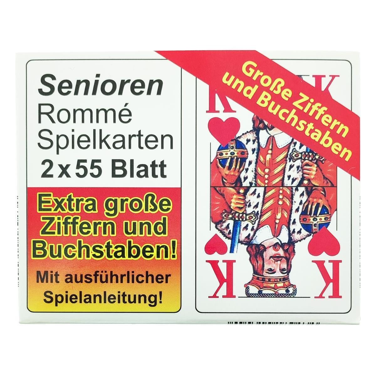 Global Partner Spielesammlung Rommé Karten Großdruck, 2 x 55 Blatt, Rot/Blau, Gesellschaftsspiel, Kartenspiel, Extra Große Ziffern und Buchstaben.
