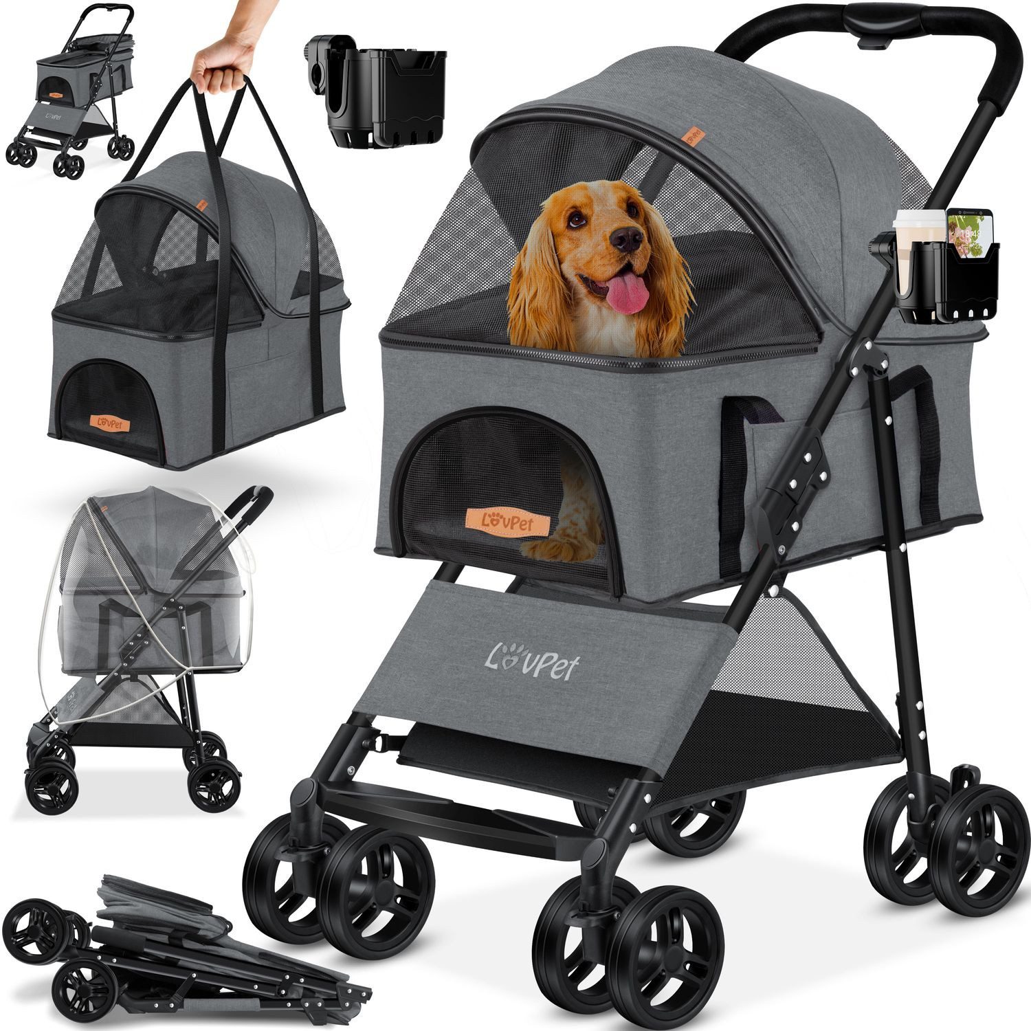 Lovpet Hundebuggy 2in1 Hundewagen max. bis 20kg Buggy für Haustiere, (Hundebox & Tasche mit Regenschutzabdeckung Getränkehalter Kuscheldecke), Haustier- & Katzenbuggy faltbar & klappbar mit Netzfenster