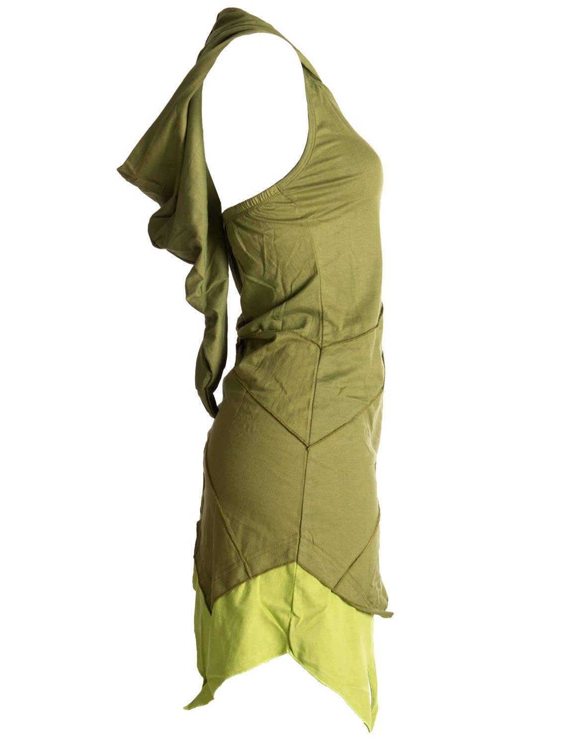 Boho Elfen Zipfelkleid Kleid zweifarbig Hippie, Vishes Neckholderkleid Mini Goa, olive Neckholder Style