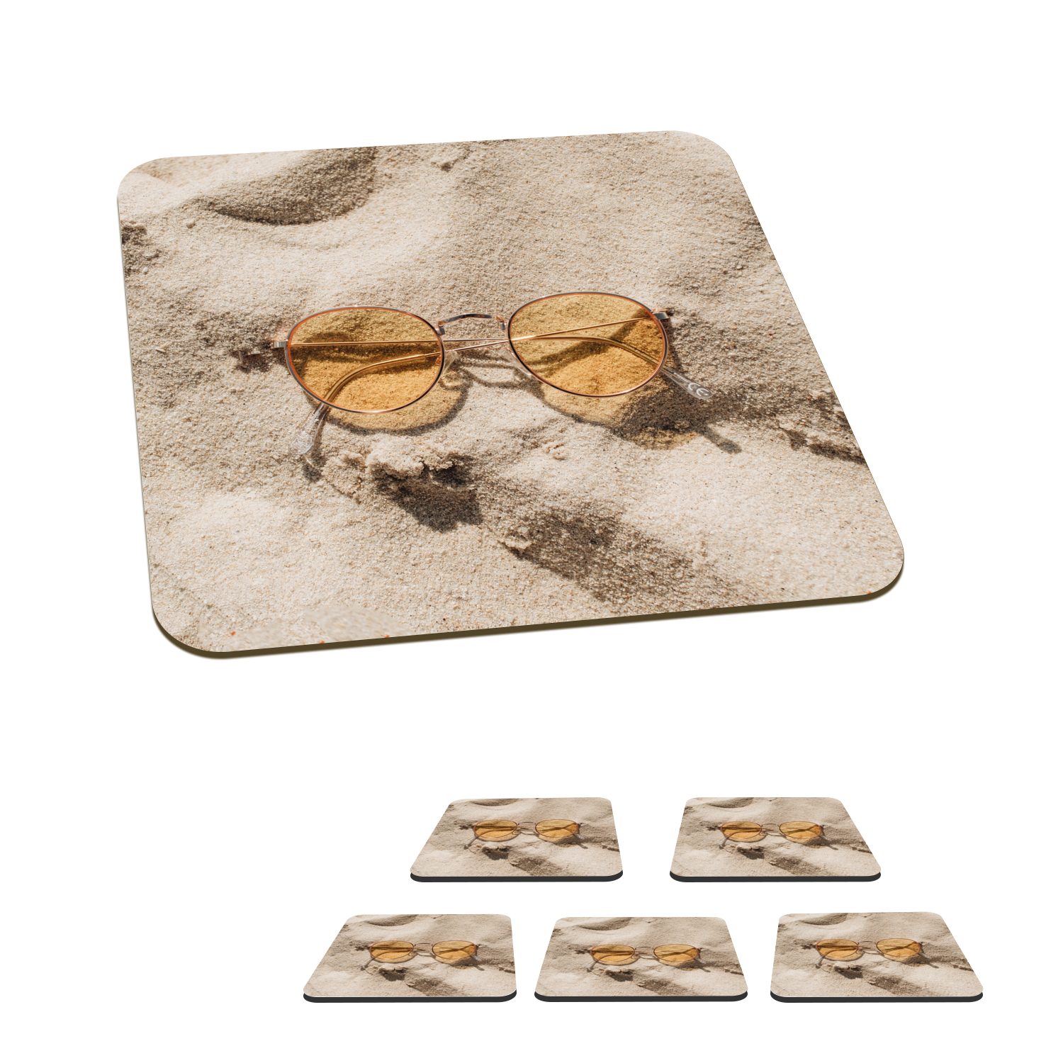 MuchoWow Glasuntersetzer Sand - Sonnenbrille - Sommer, Zubehör für Gläser, 6-tlg., Glasuntersetzer, Tischuntersetzer, Korkuntersetzer, Untersetzer, Tasse