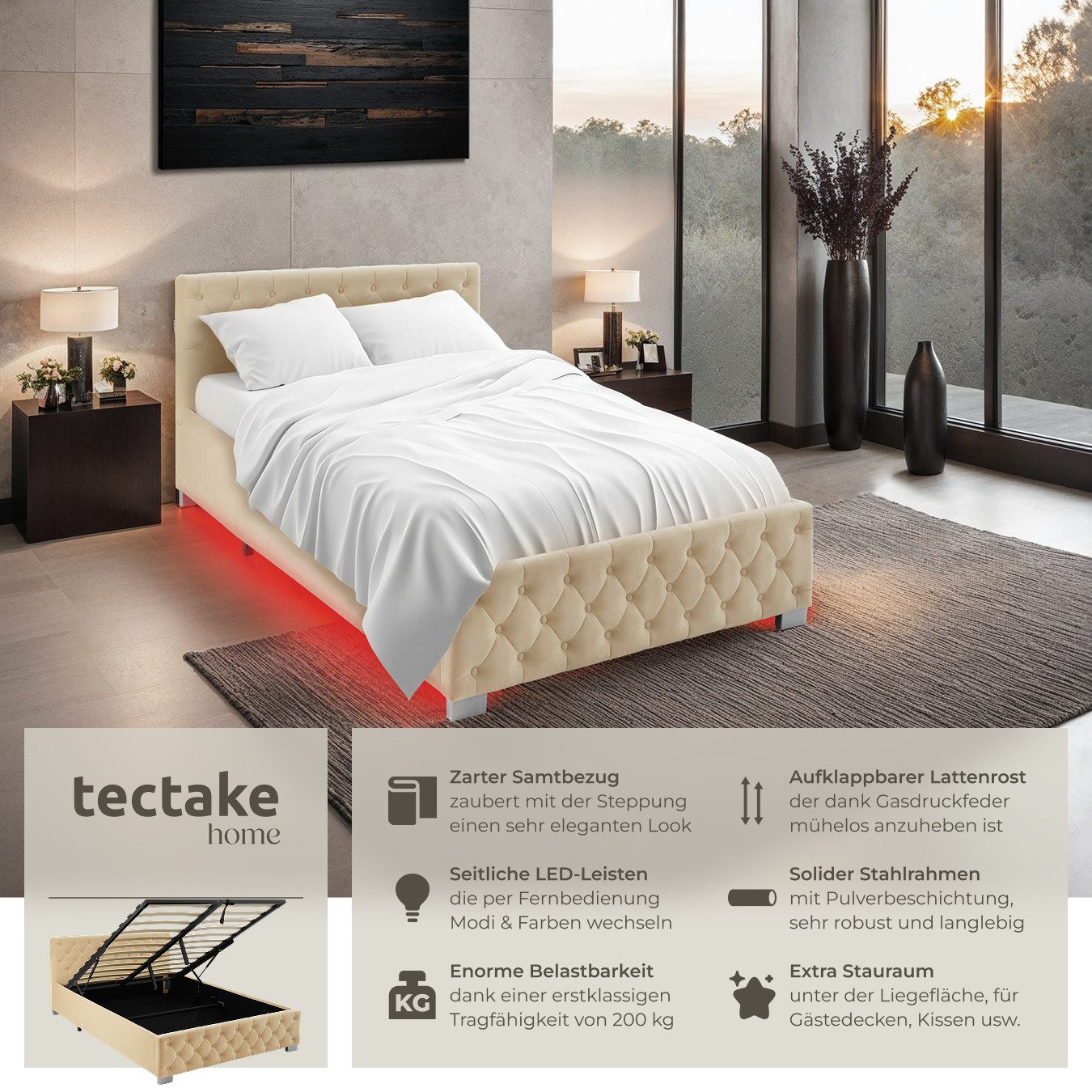 tectake Polsterbett Sedona (Komplettset, mit LED-Leisten günstig online kaufen