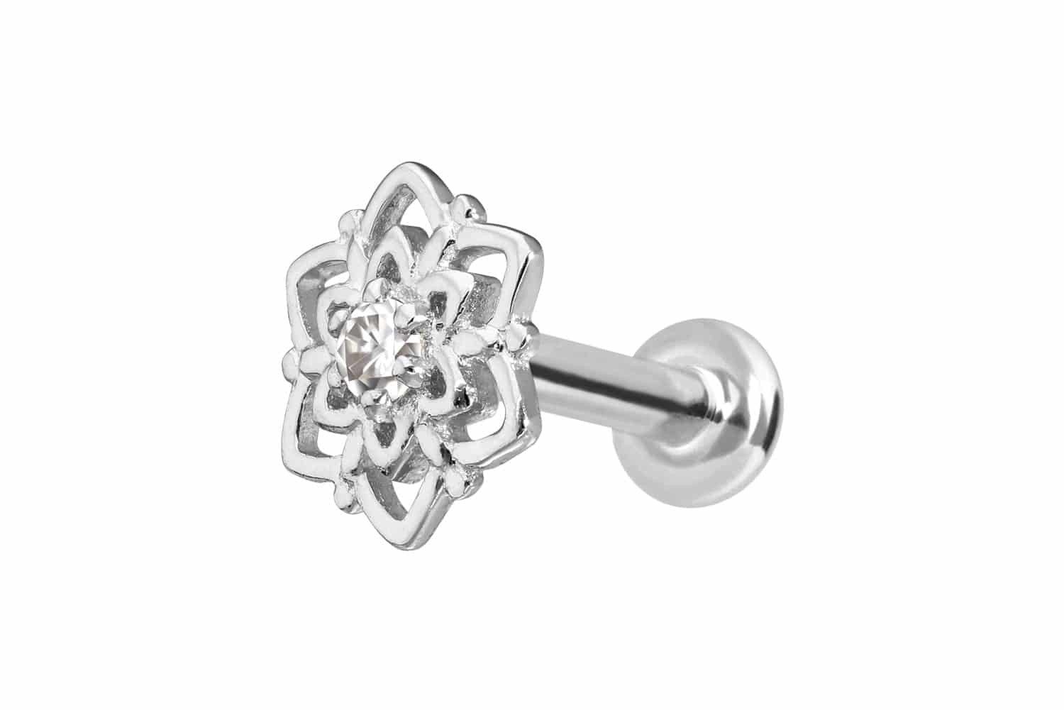 Piercing-Set 14 Karat Gold Labret mit Push Fit MOISSANIT-BLUME